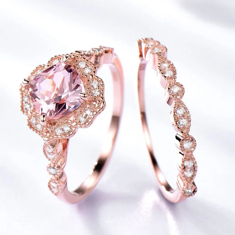 Morganite Engagement Ring Set 10K Rose Gold Women Wedding Jewelry