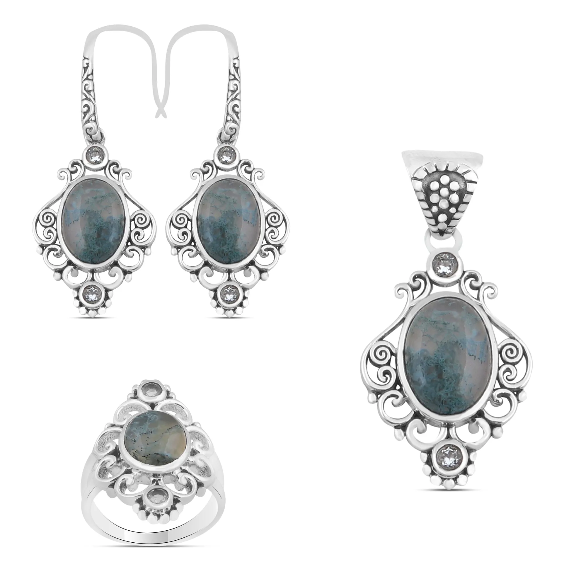 Moss Agate Gemstone 925 Sterling Silver Jewelry set