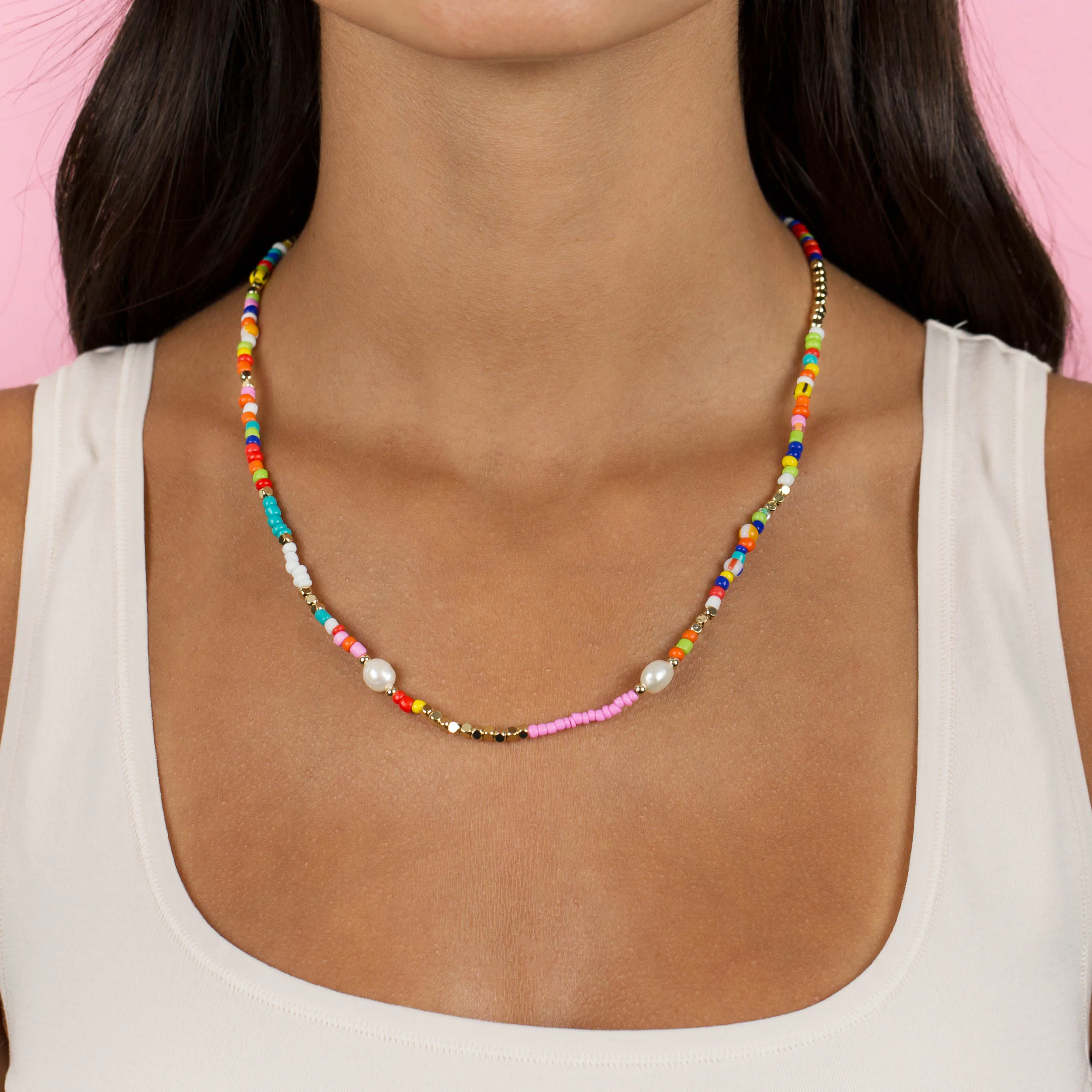 Multi Color Beaded X Pearl Necklace
