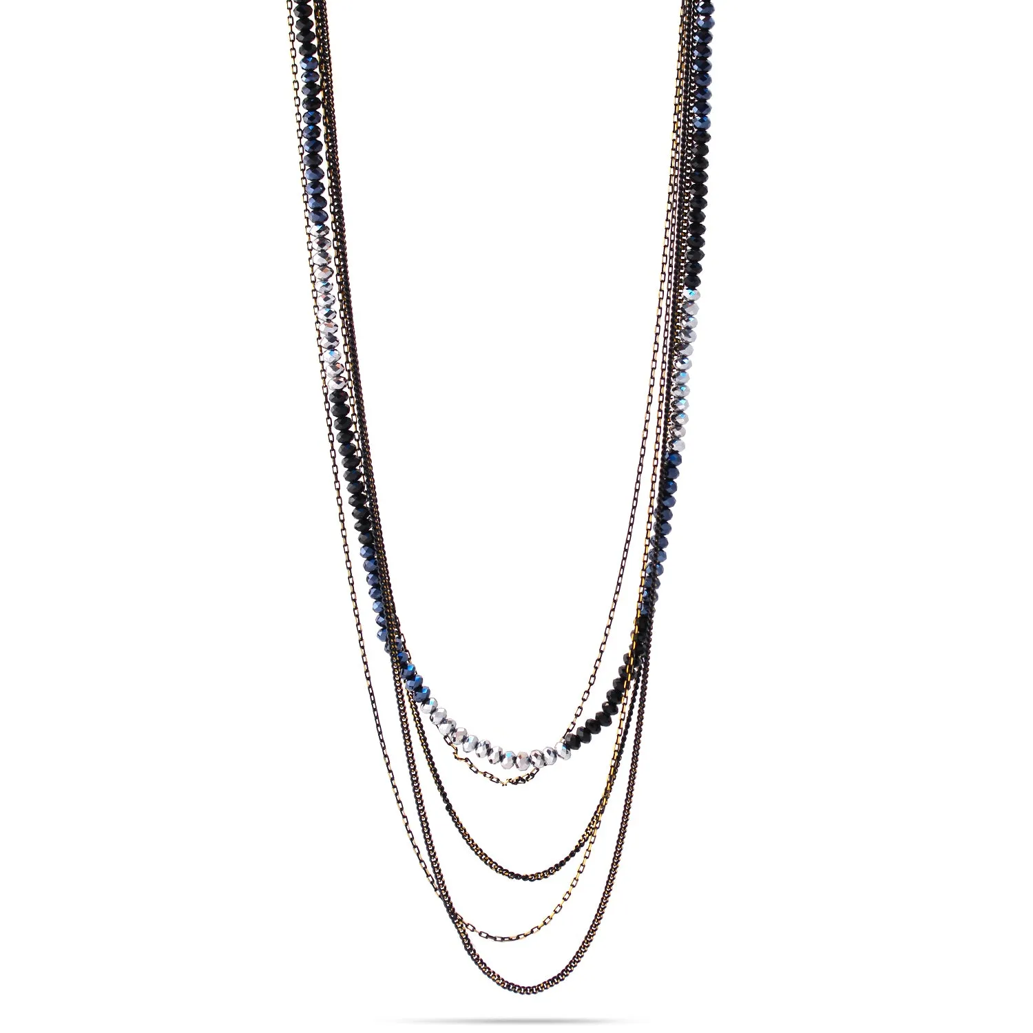 MULTI COLOR SILVER AND BLACK AND GRAY MIXED BEAD FIVE-STRAND LONG NECKLACE  #HNN92359_SIL-BLK-HEM (TA5/R-TH19)