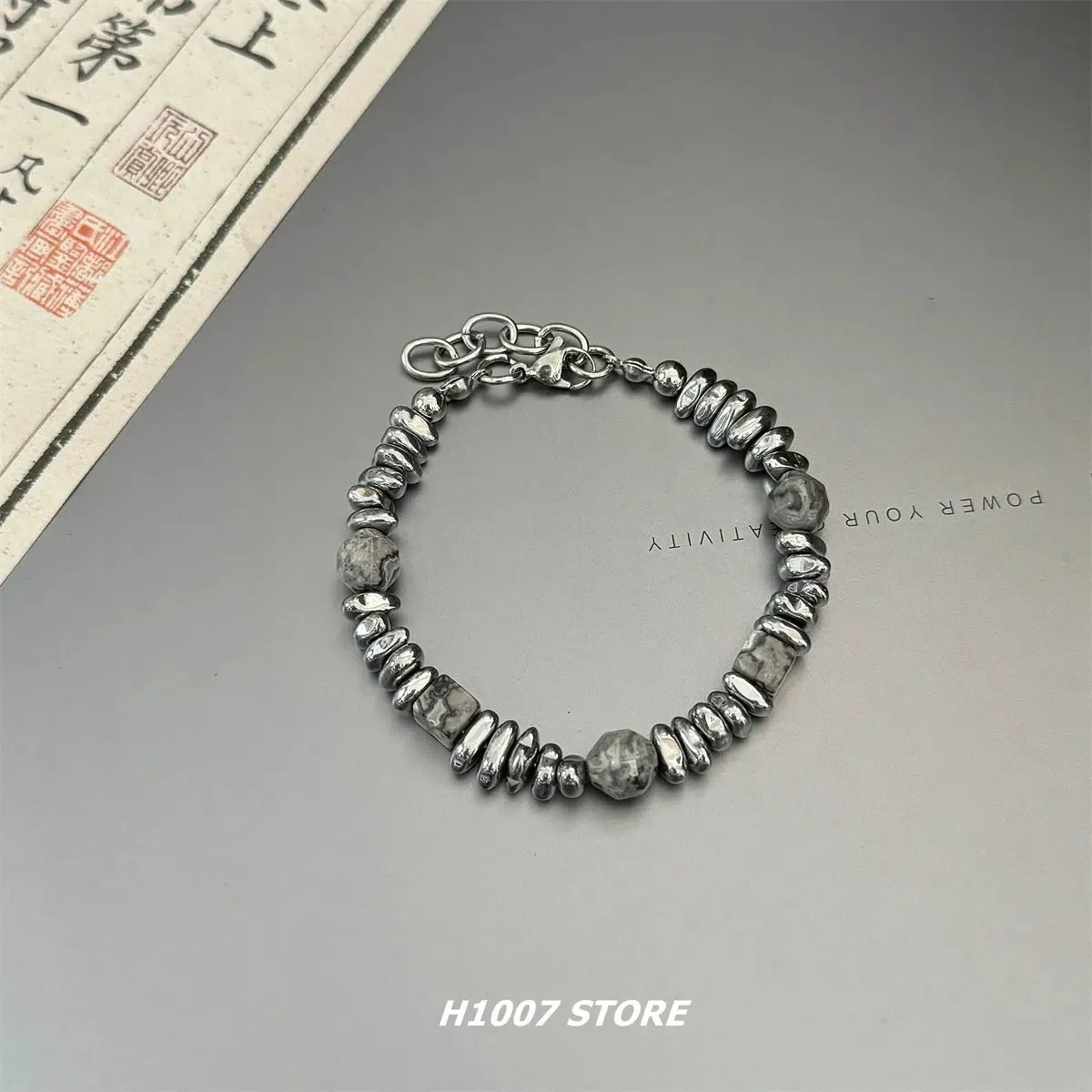 Natural Stone Silver Beaded Bracelet