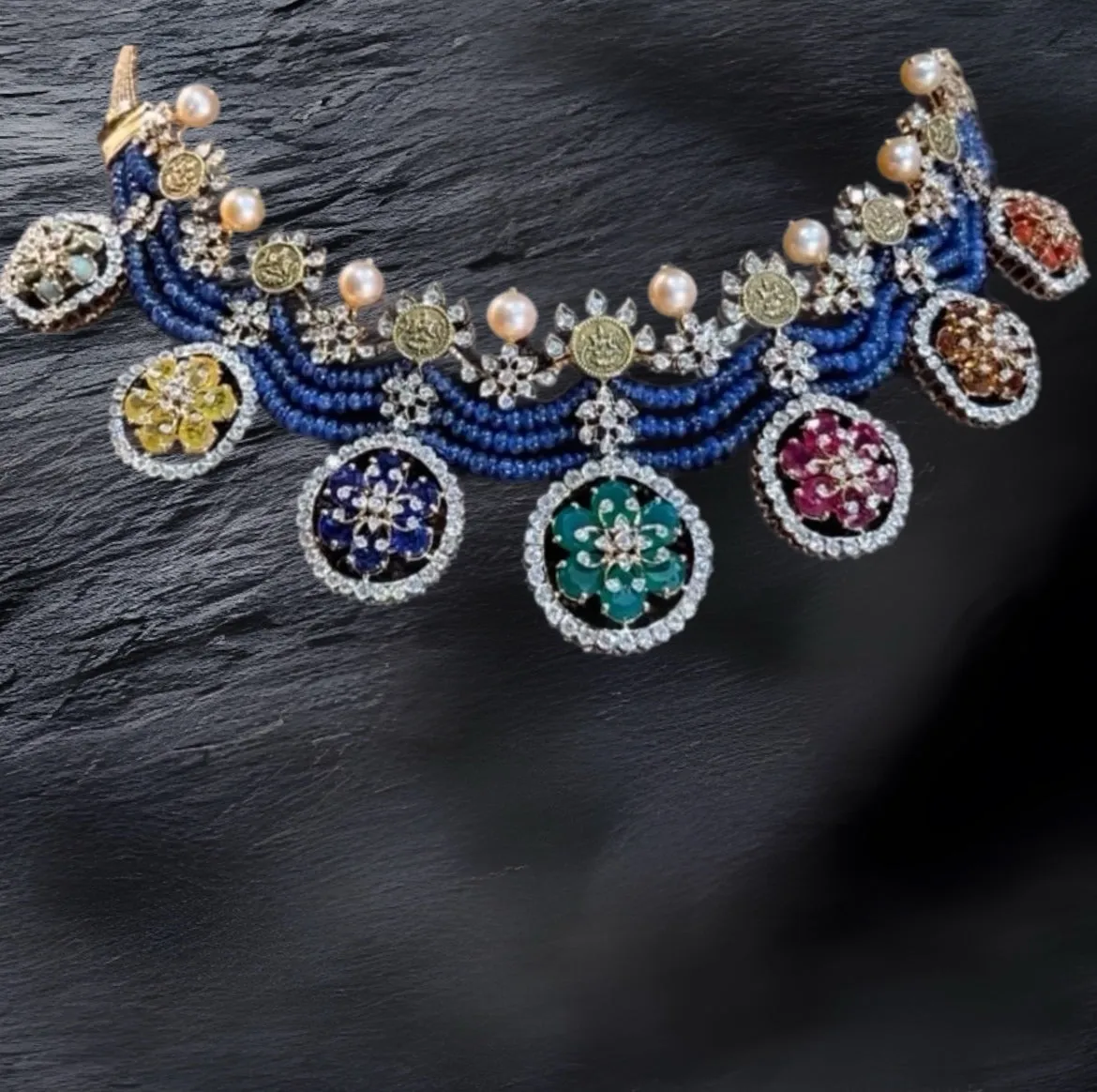 Navaratan Necklace - Cocktail Necklace - Blue Saphire Necklace - 925 silver Jewelry,South Indian Jewelry,bridal choker,Indian Wedding Jewelry,pure Silver indian jewelry - SHABURIS