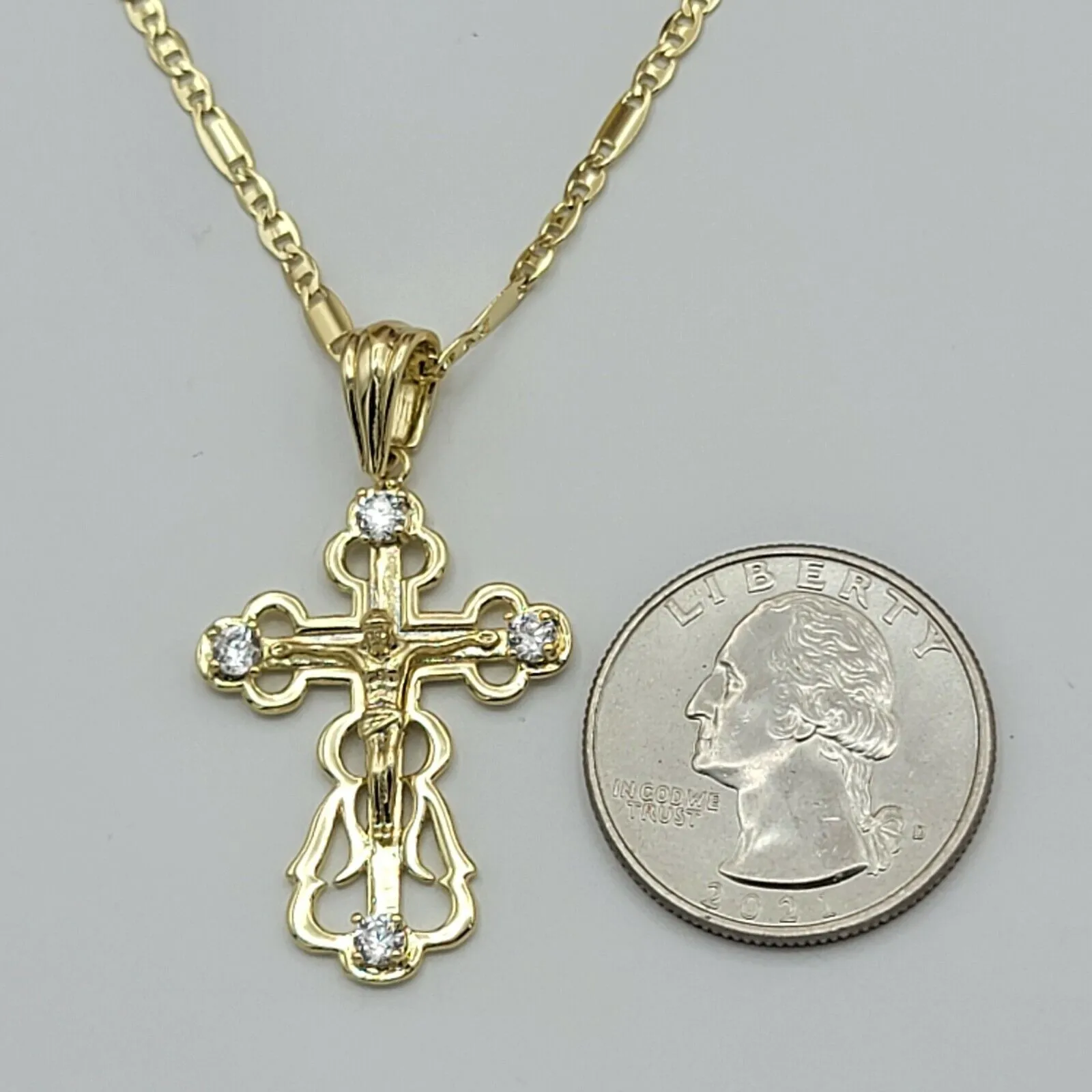 Necklaces - 14K Gold Plated. Crucifix Cross Pendant & Chain.