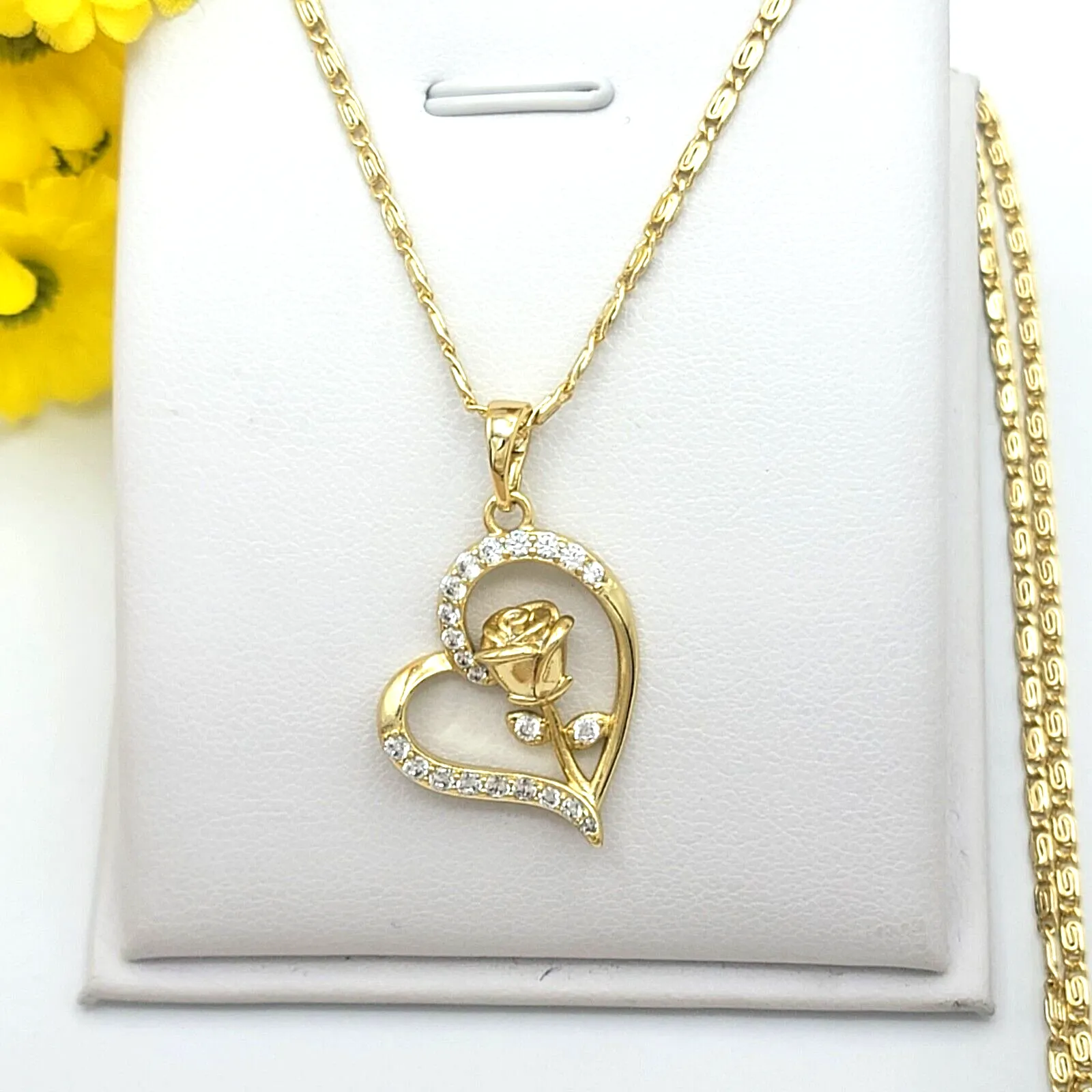 Necklaces - 14K Gold Plated. Rose Flower Heart.
