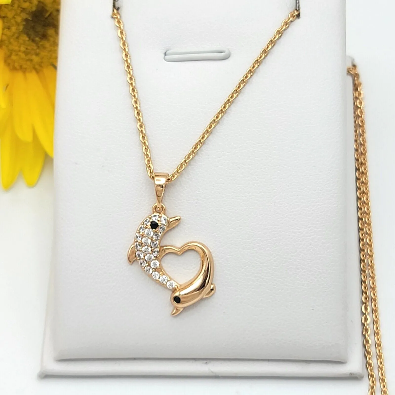 Necklaces - 18K Gold Plated. Heart Couple Dolphin Pendant & Chain.