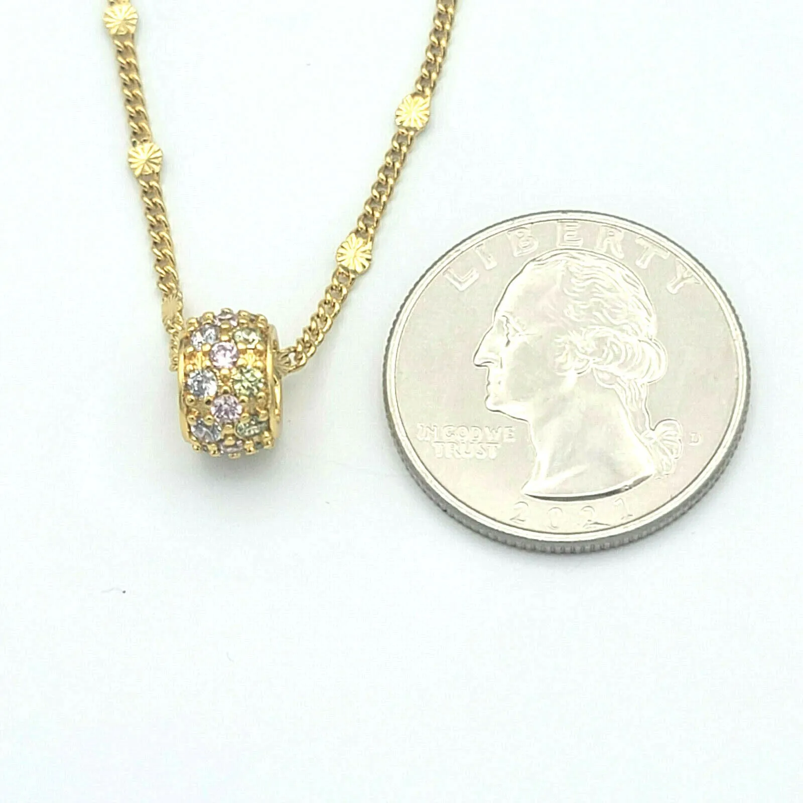 Necklaces - 24K Gold Plated. Rainbow Crystals Barrel Shape Pendant & Chain.