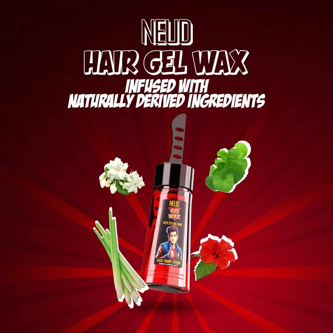 NEUD Ayurvedic Hair Gel Wax with Hibiscus, Brahmi, Lemongrass, Non-Sticky, Styling Comb Inside