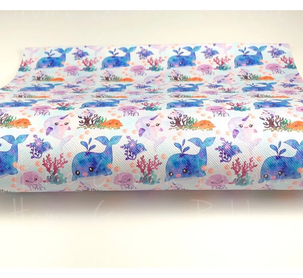 Ocean Creatures Watercolor Faux Leather Sheet USDR