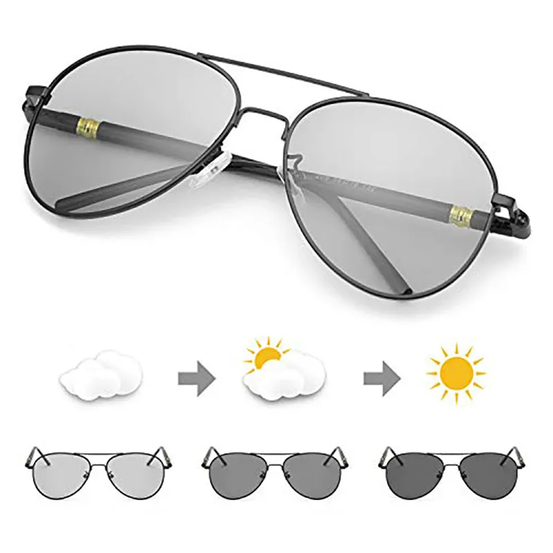 OOLVS Aviator Polarized Sunglasses Photochromic Lens Metal Frame UV Protection Night Vision Driving Sunglasses MS149-2N/3N