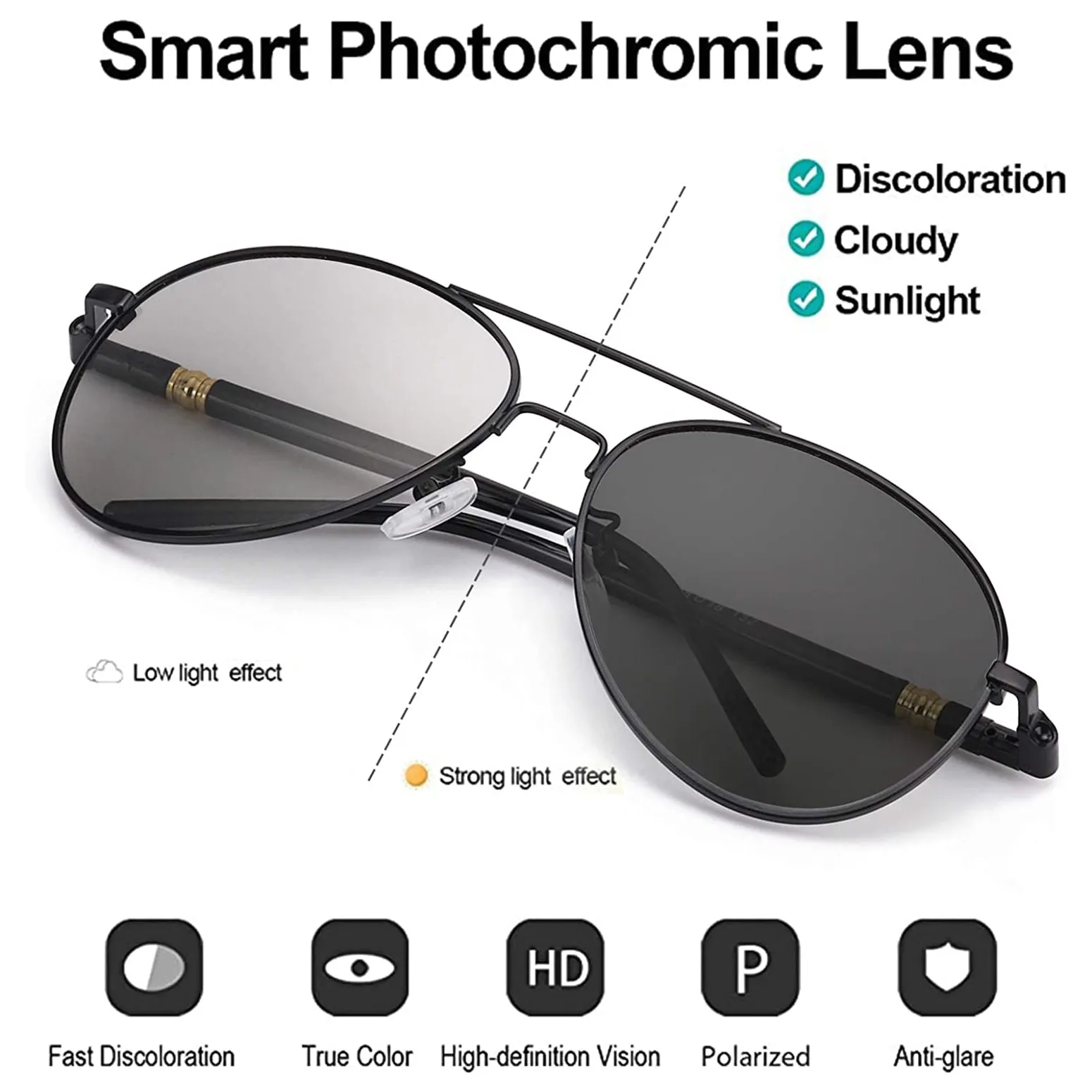 OOLVS Aviator Polarized Sunglasses Photochromic Lens Metal Frame UV Protection Night Vision Driving Sunglasses MS149-2N/3N