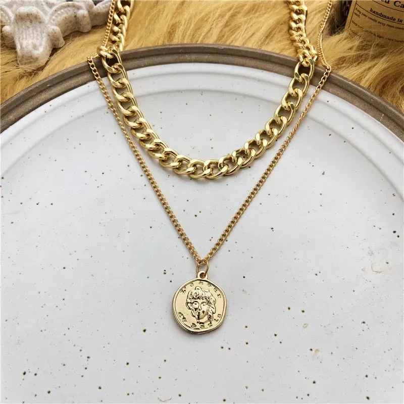 Pack of 2 Heart Lock Vintage Coin Chunky Chain Pendant