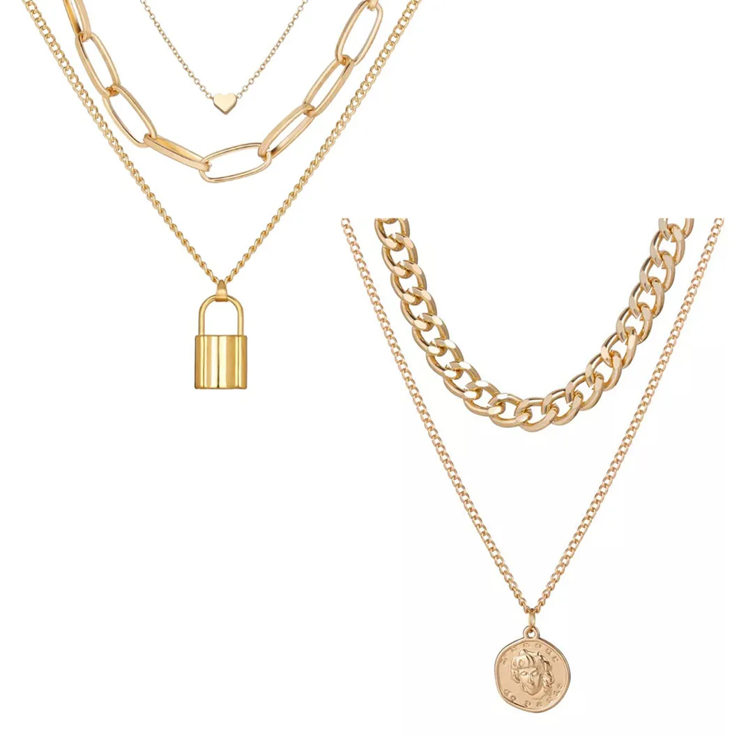 Pack of 2 Heart Lock Vintage Coin Chunky Chain Pendant
