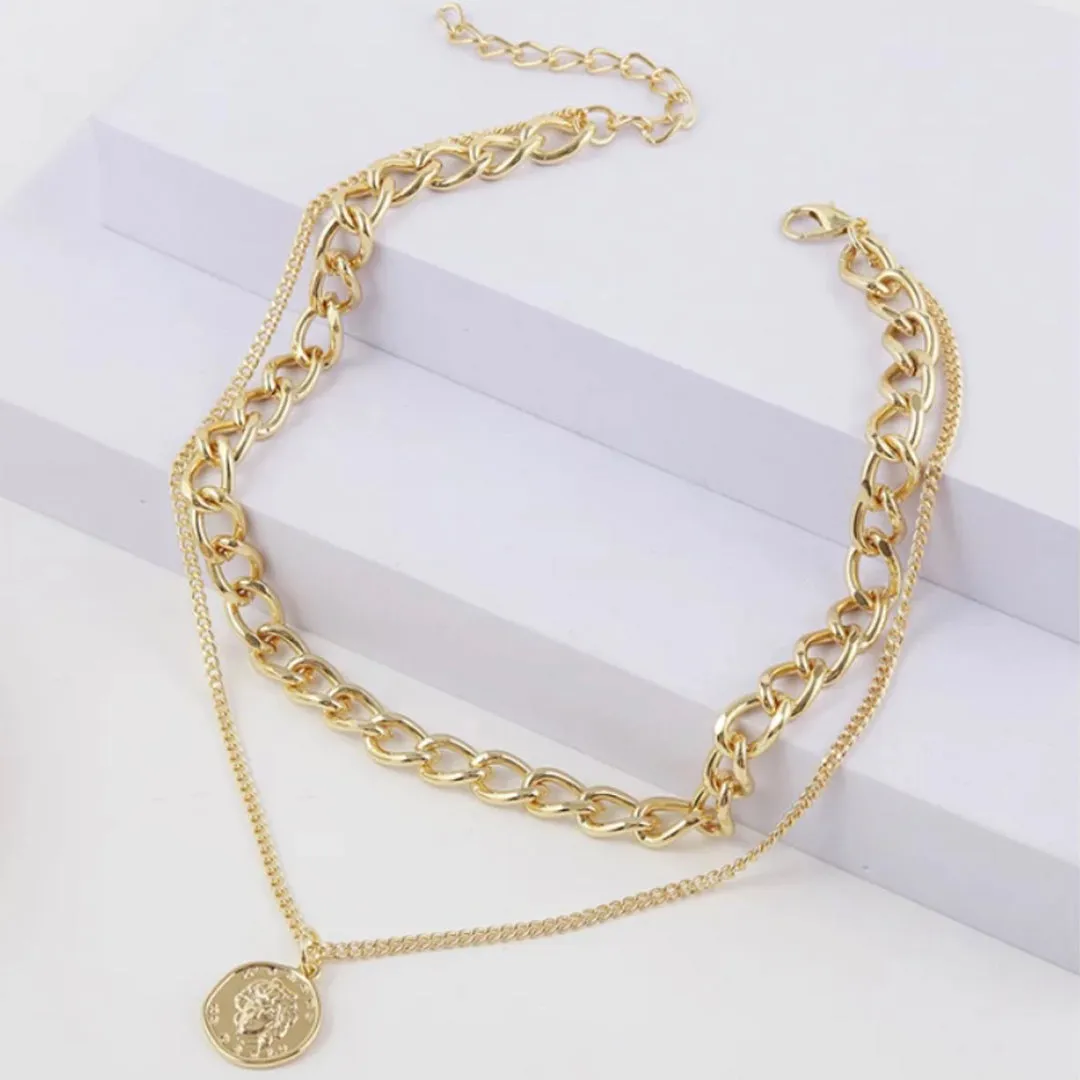 Pack of 2 Heart Lock Vintage Coin Chunky Chain Pendant