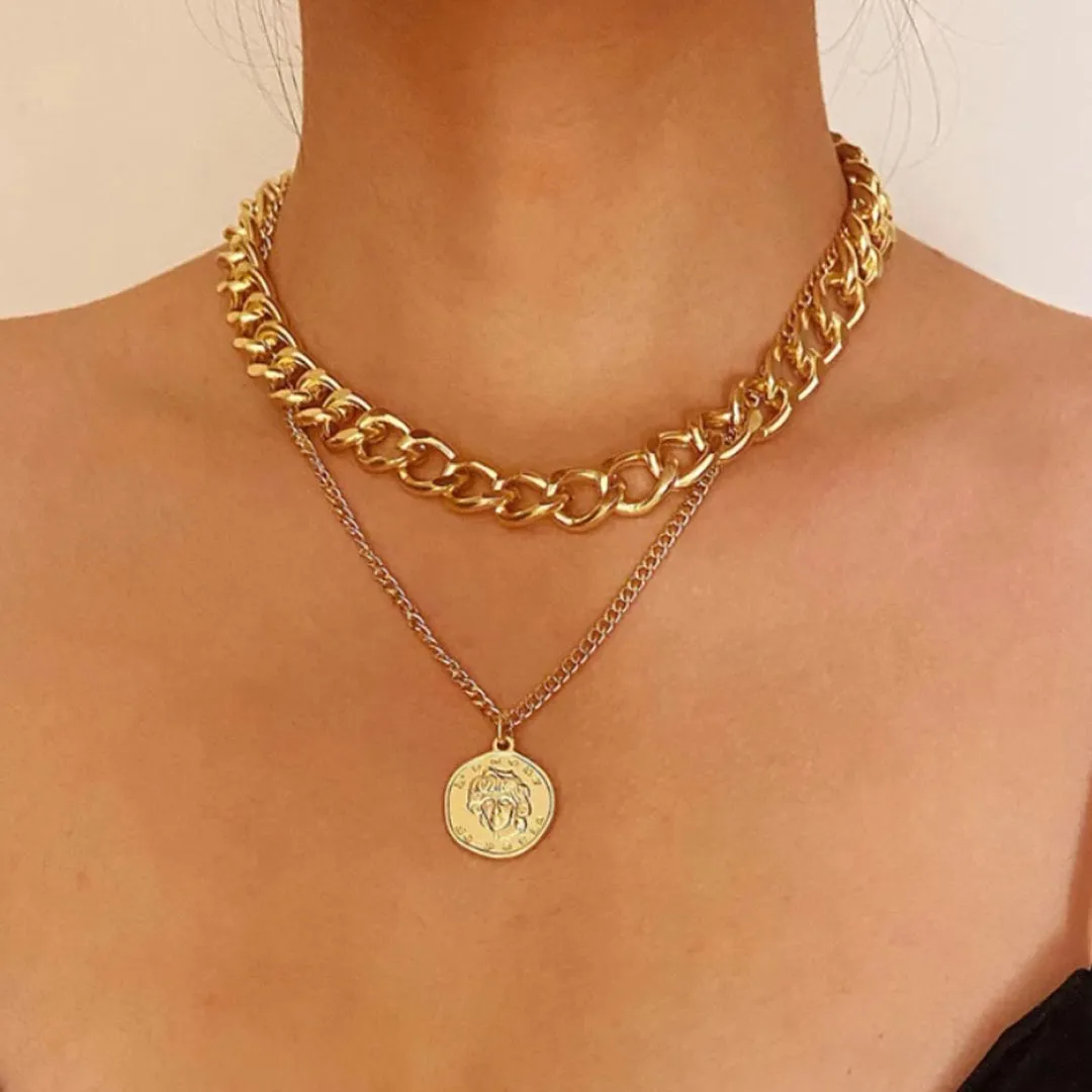 Pack of 2 Heart Lock Vintage Coin Chunky Chain Pendant