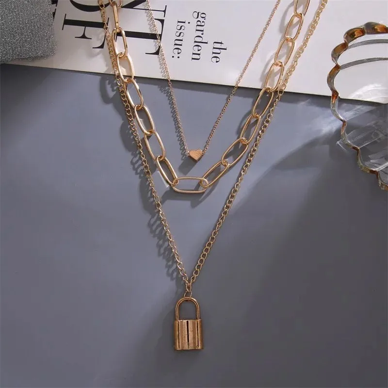 Pack of 2 Layered Heart Lock & Butterfly Pendant