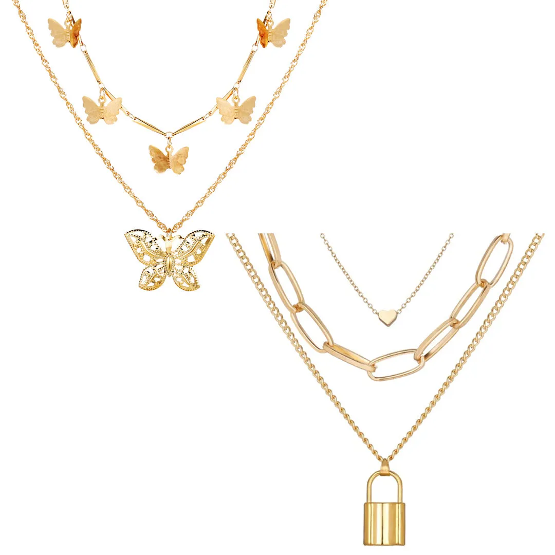 Pack of 2 Layered Heart Lock & Butterfly Pendant
