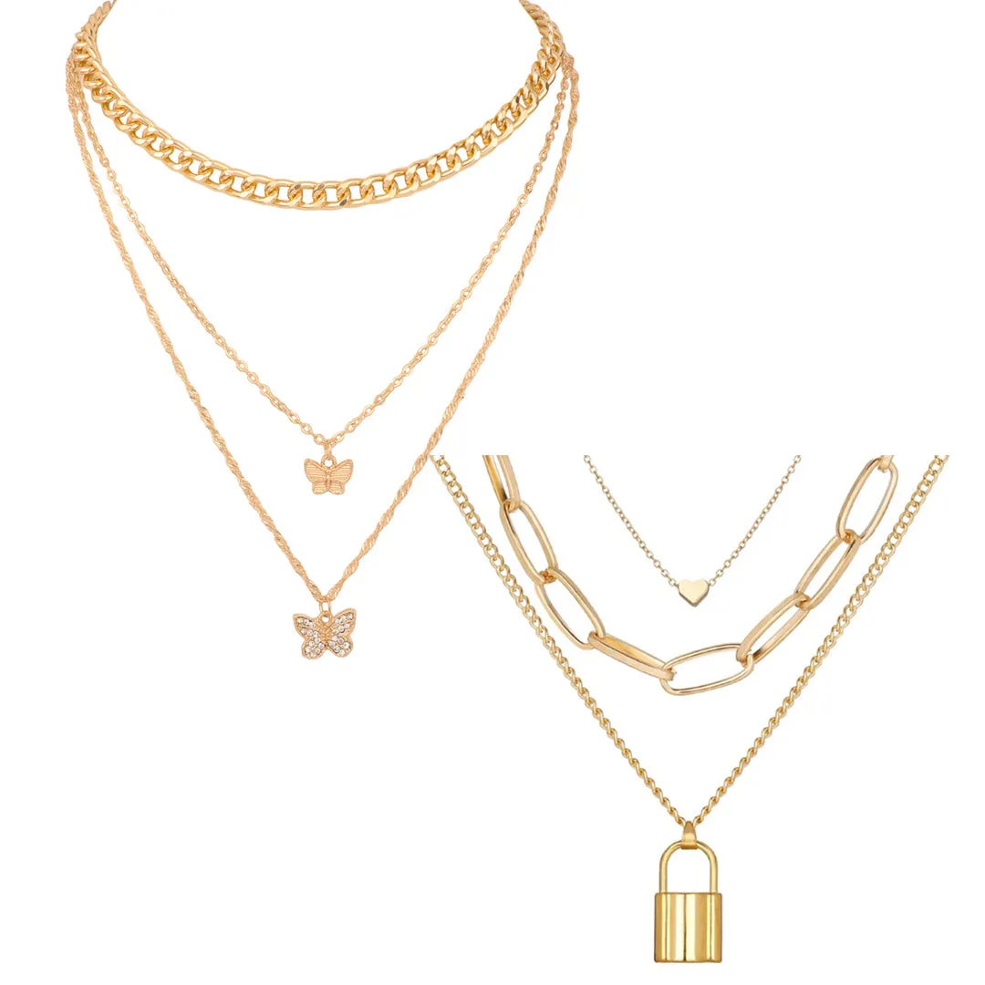 Pack of 2 Layered Heart Lock & Chunky Chain Butterfly Pendant
