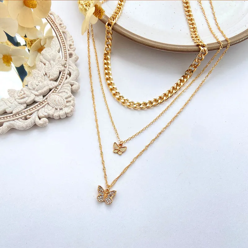 Pack of 2 Layered Heart Lock & Chunky Chain Butterfly Pendant