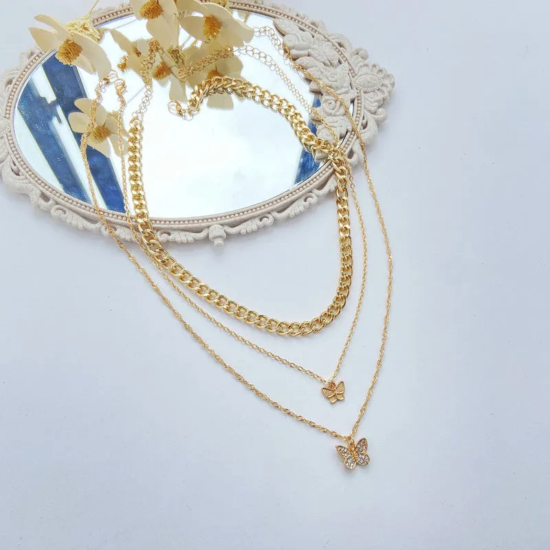 Pack of 2 Layered Heart Lock & Chunky Chain Butterfly Pendant