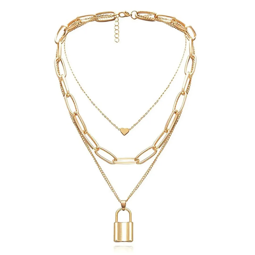 Pack of 2 Layered Heart Lock & Chunky Chain Butterfly Pendant