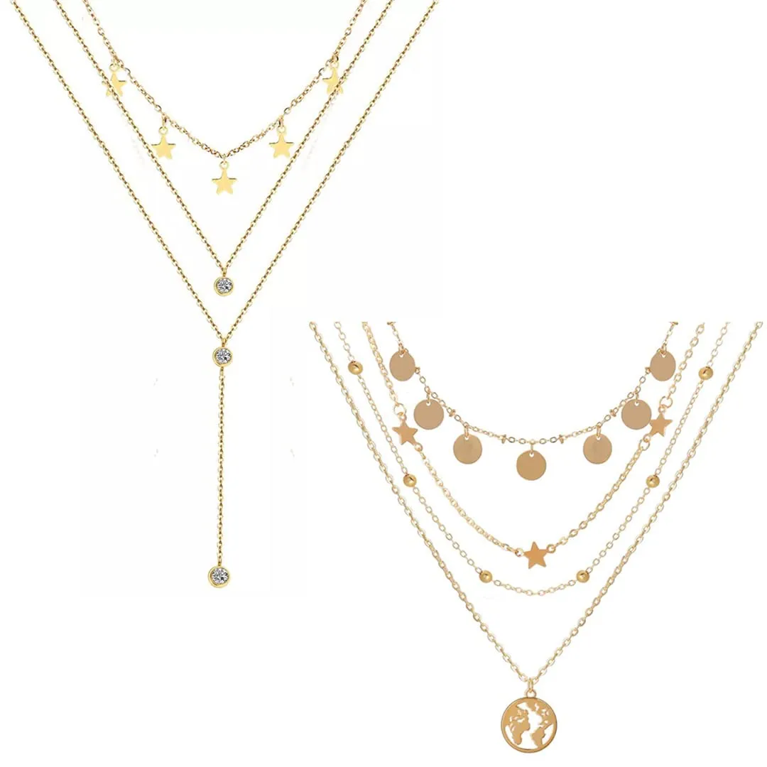 Pack Of 2 Layered Star Drop Studded Earth Pendant