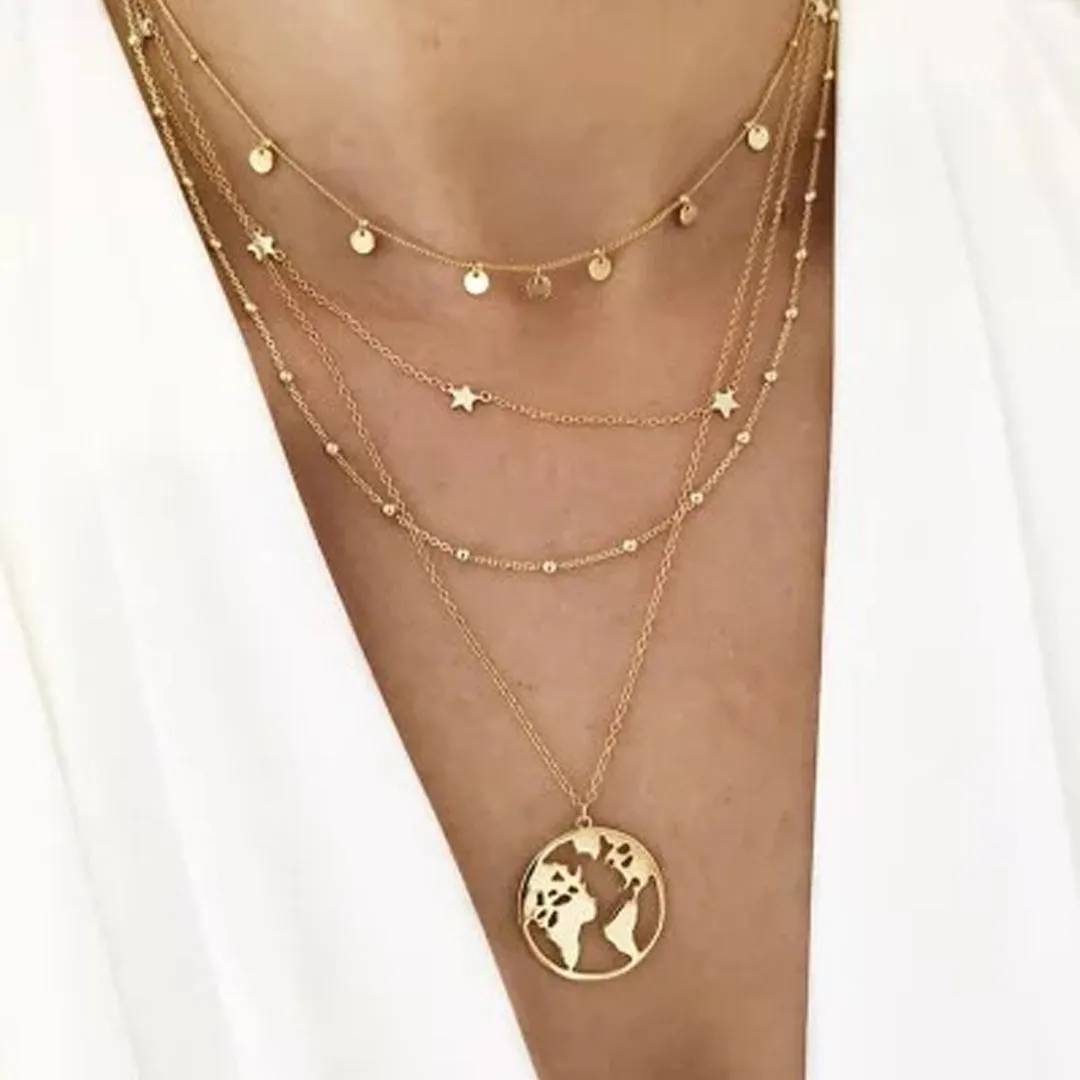 Pack Of 2 Layered Star Drop Studded Earth Pendant