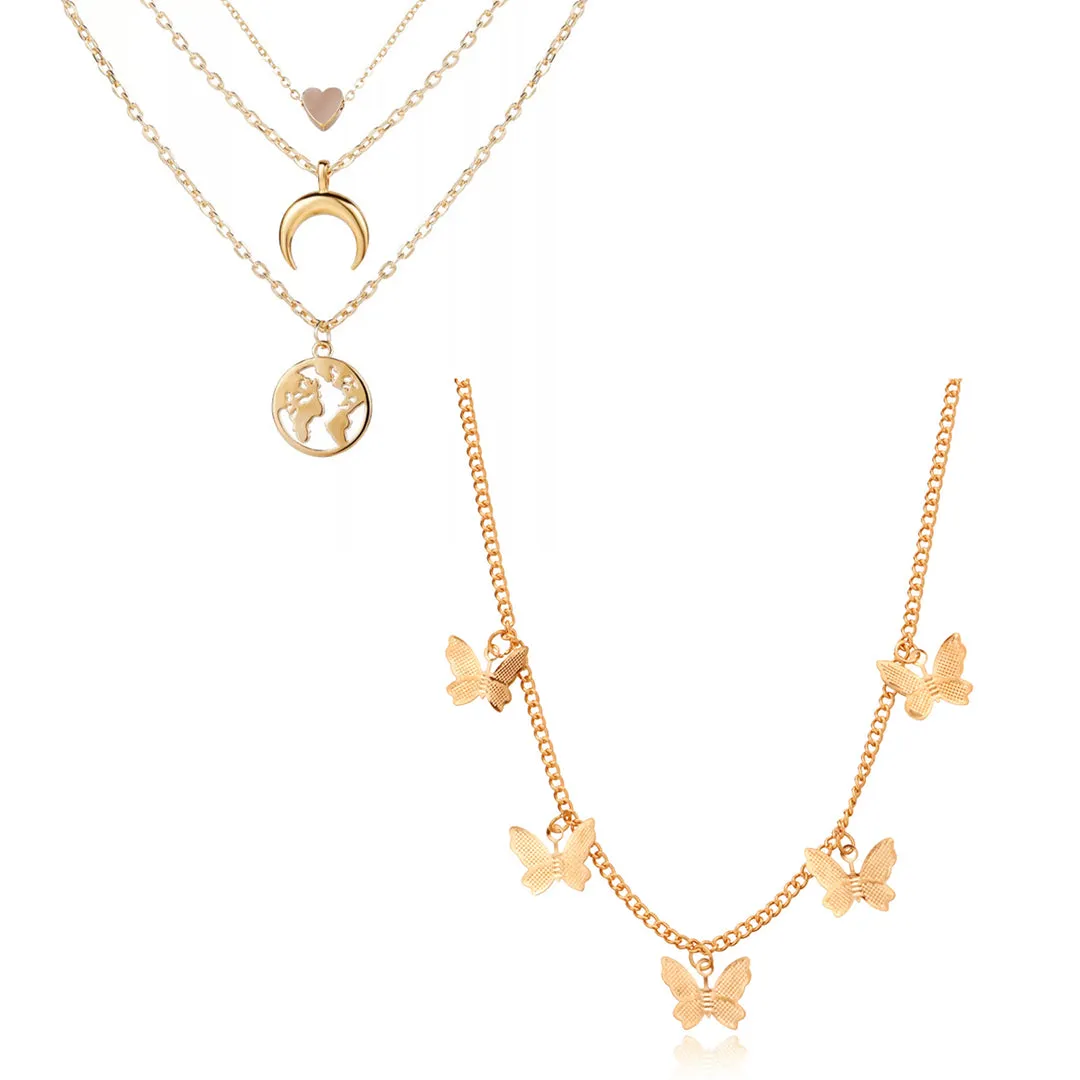Pack Of 2 Layered Stars Moon Earth and Butterfly Pendant