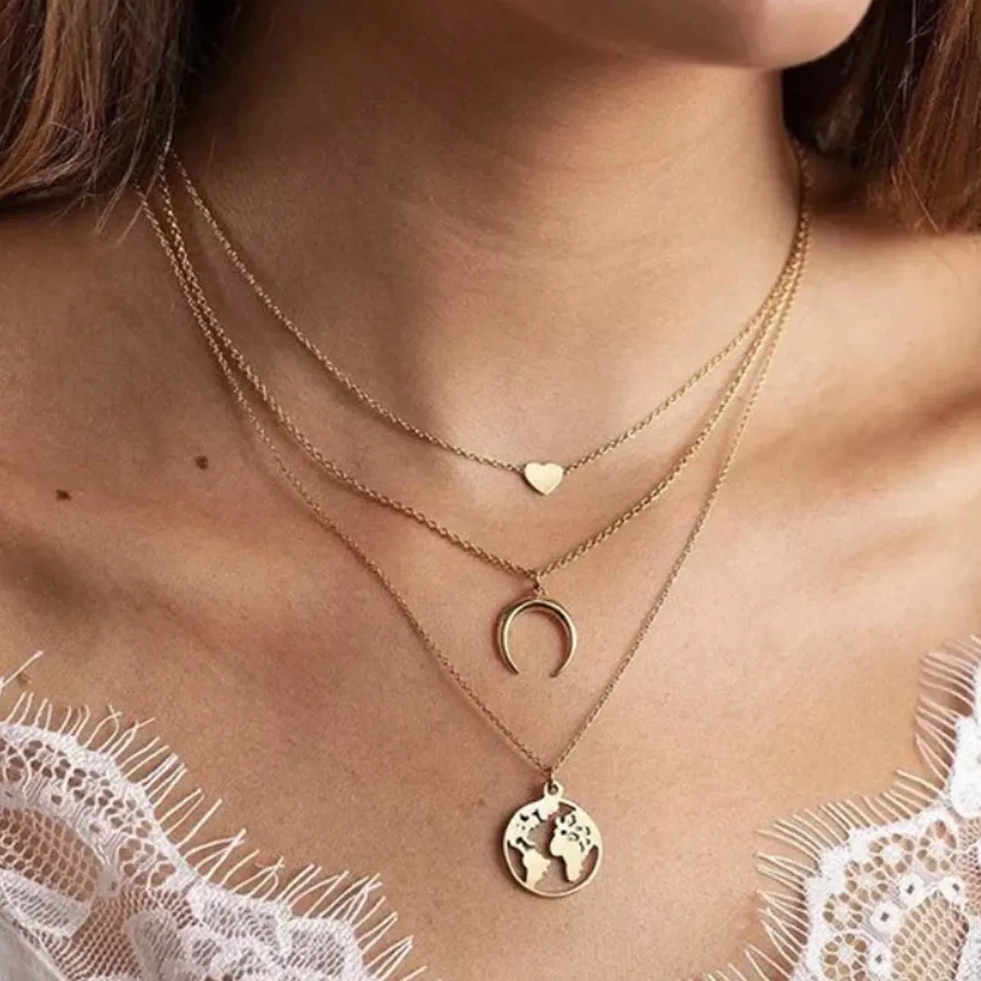Pack Of 2 Layered Stars Moon Earth and Butterfly Pendant