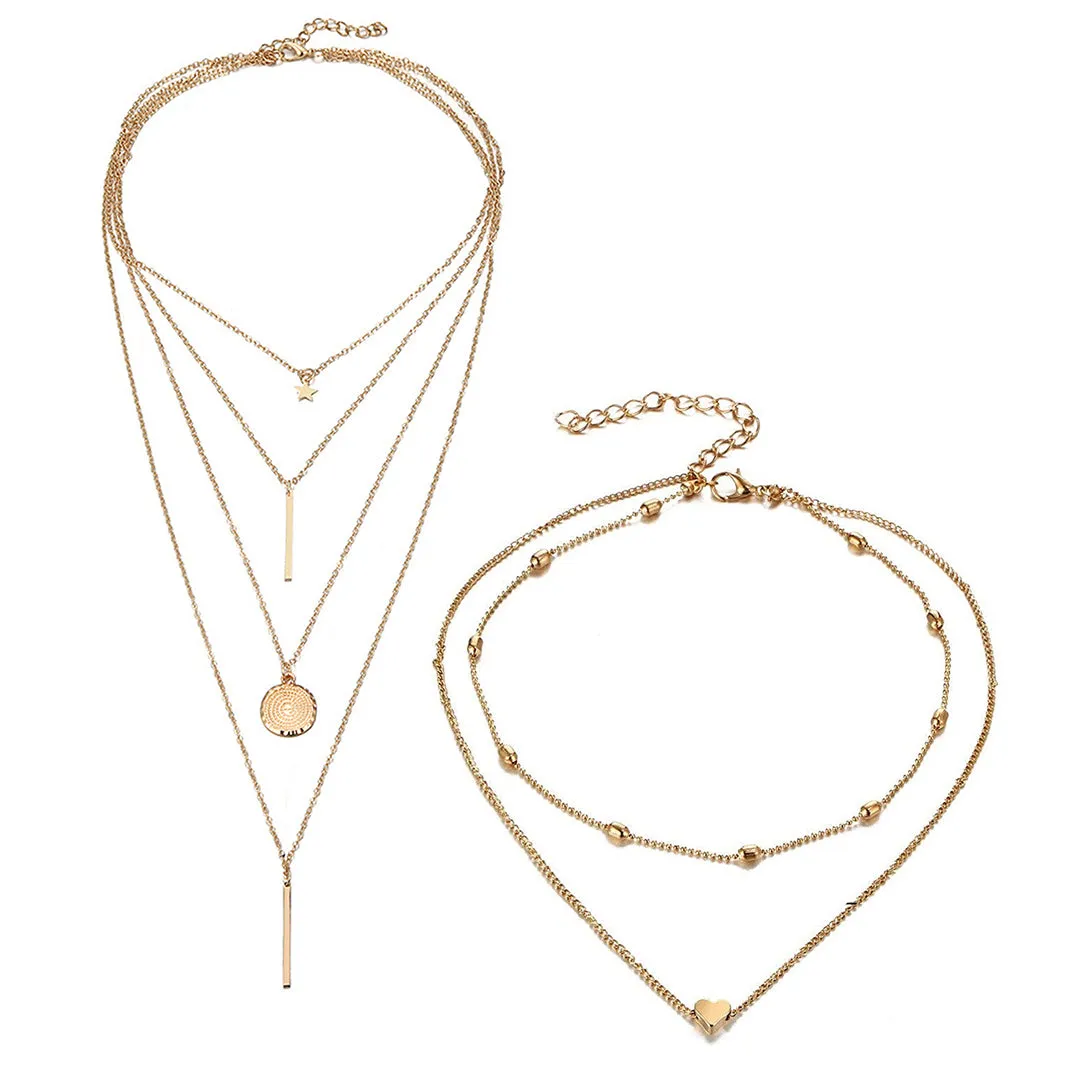 Pack of 2 Star Coin Line & Heart Layered Pendant