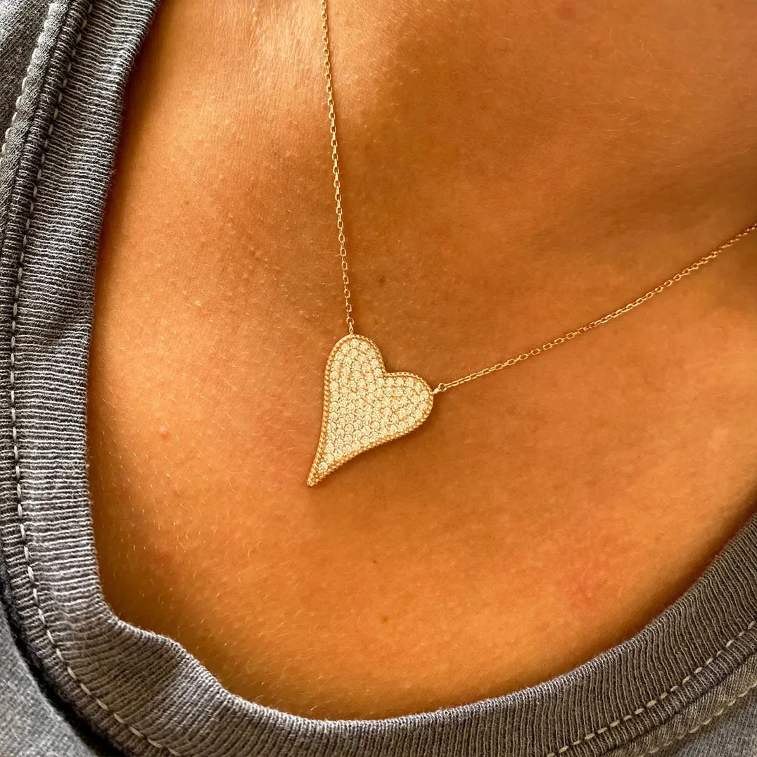 Pave Elongated Heart Necklace Silver