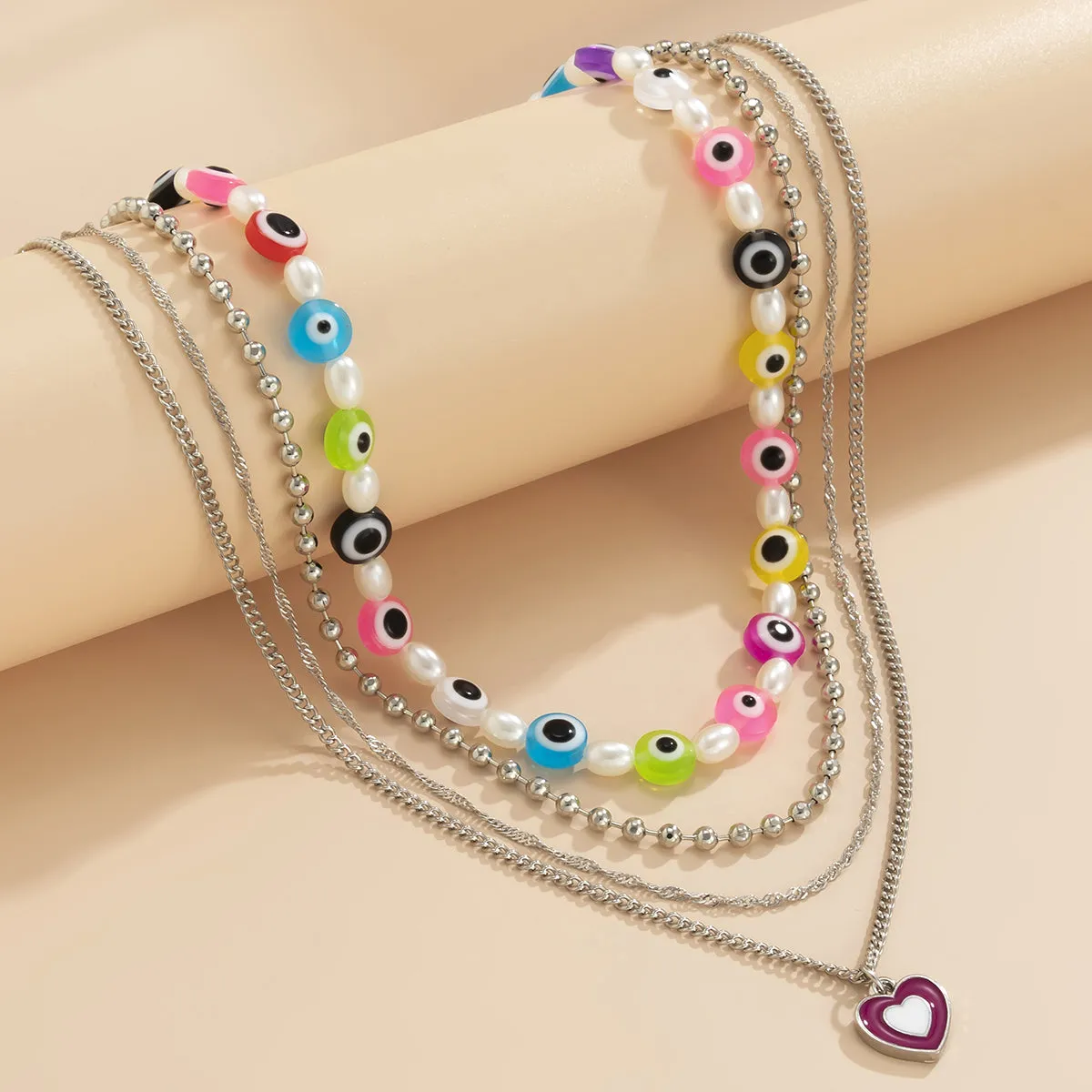 Pearl & Vibrant Acrylic Beaded Eye Heart Pendant Necklace Set
