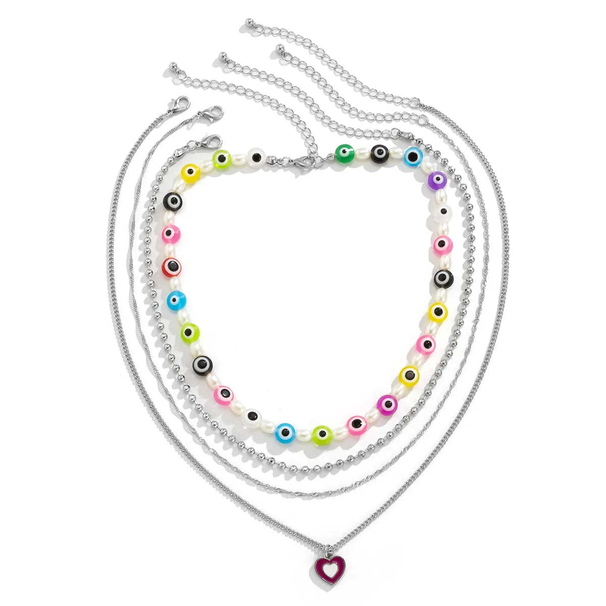 Pearl & Vibrant Acrylic Beaded Eye Heart Pendant Necklace Set