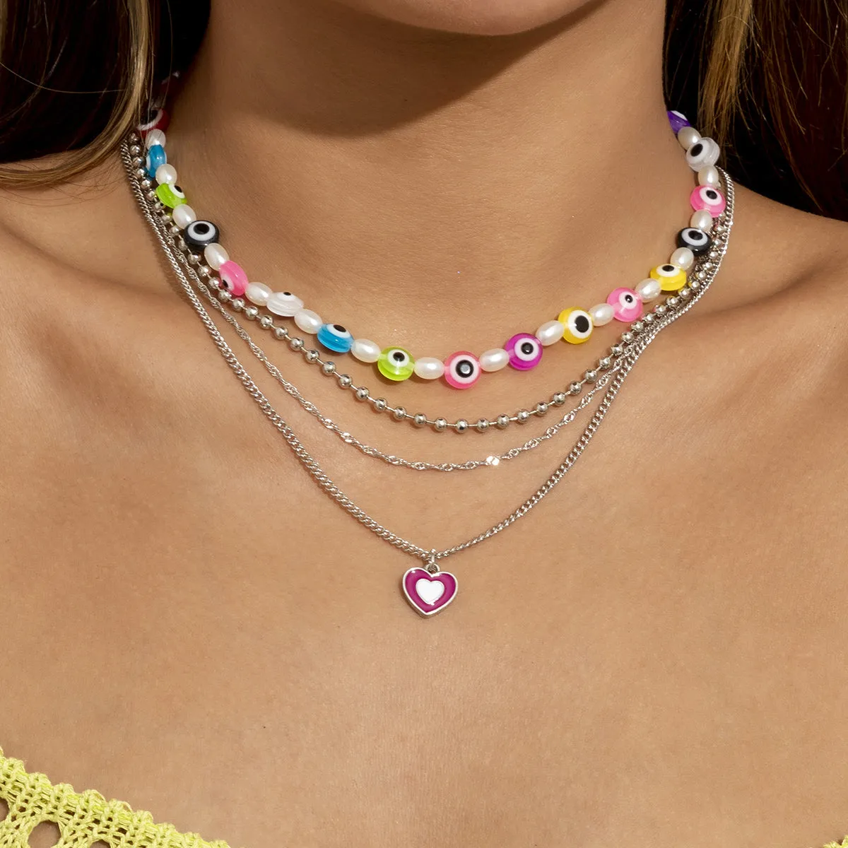 Pearl & Vibrant Acrylic Beaded Eye Heart Pendant Necklace Set