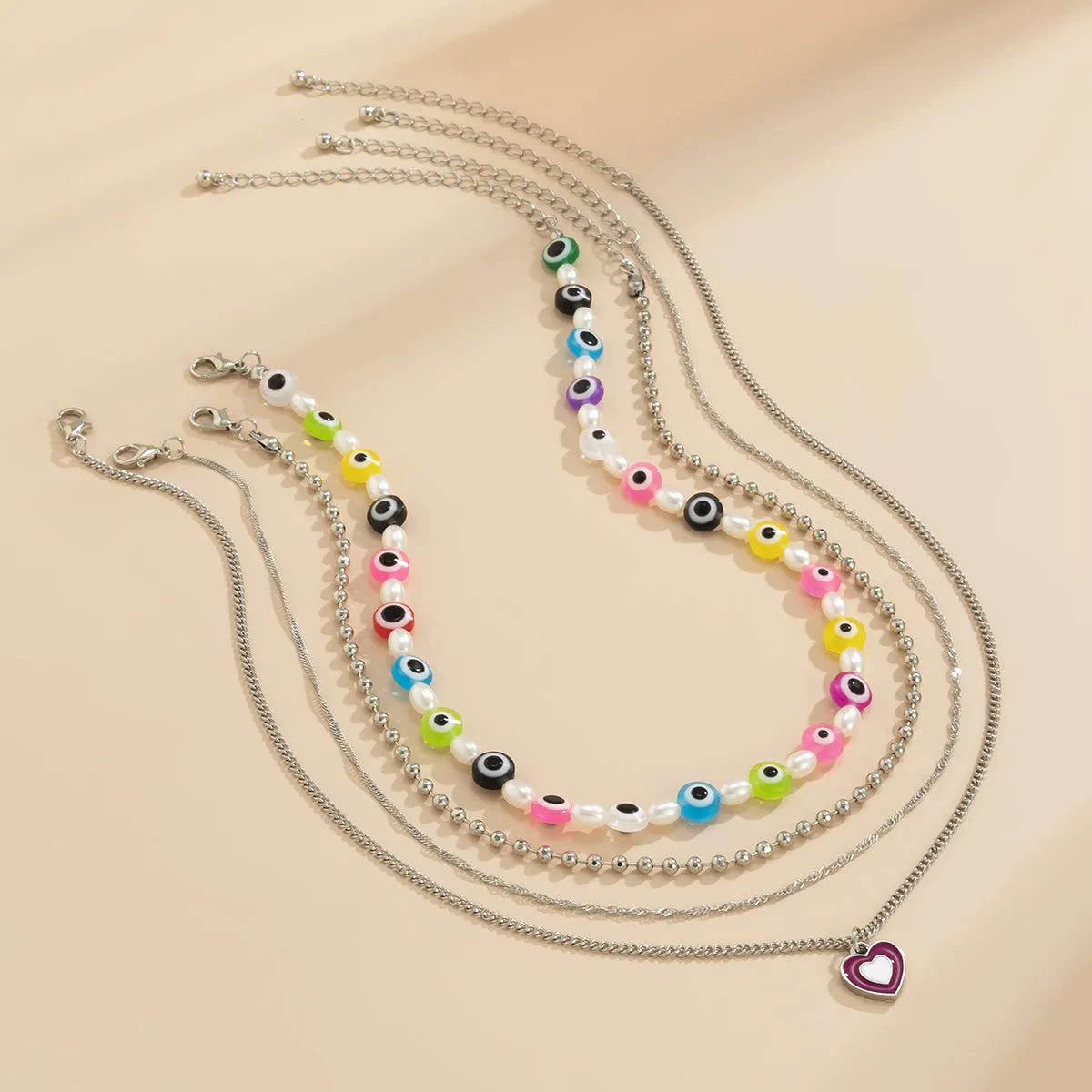 Pearl & Vibrant Acrylic Beaded Eye Heart Pendant Necklace Set