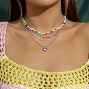 Pearl & Vibrant Acrylic Beaded Eye Heart Pendant Necklace Set