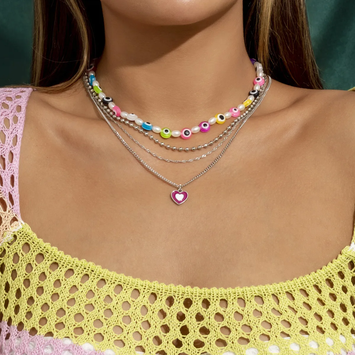 Pearl & Vibrant Acrylic Beaded Eye Heart Pendant Necklace Set