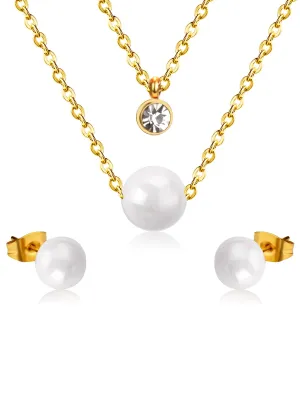 Pearl & Zircon Decor Layered Necklace And Stud Earrings Set - FD ⚡