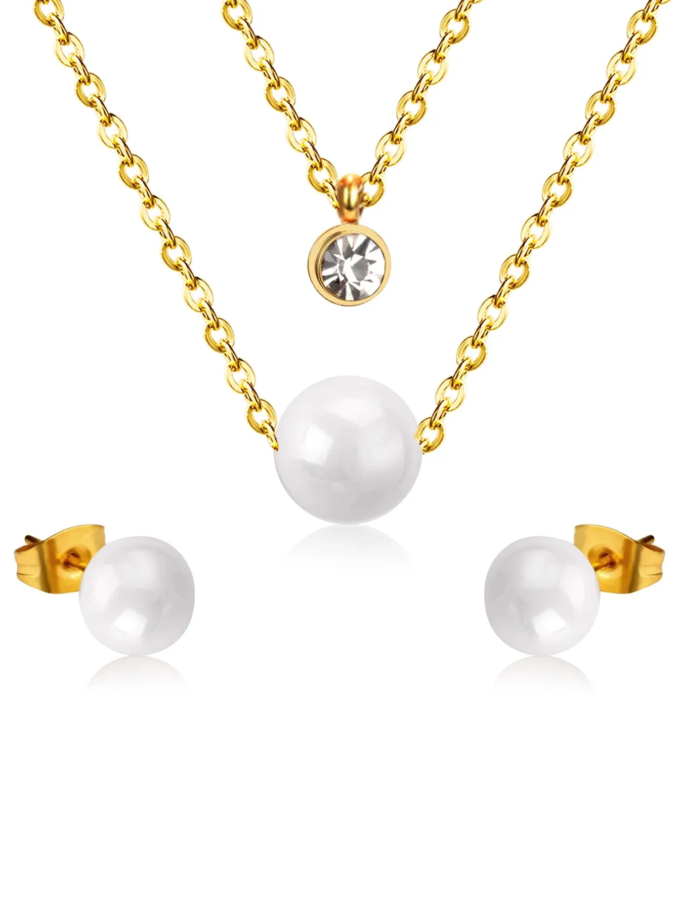 Pearl & Zircon Decor Layered Necklace And Stud Earrings Set - FD ⚡