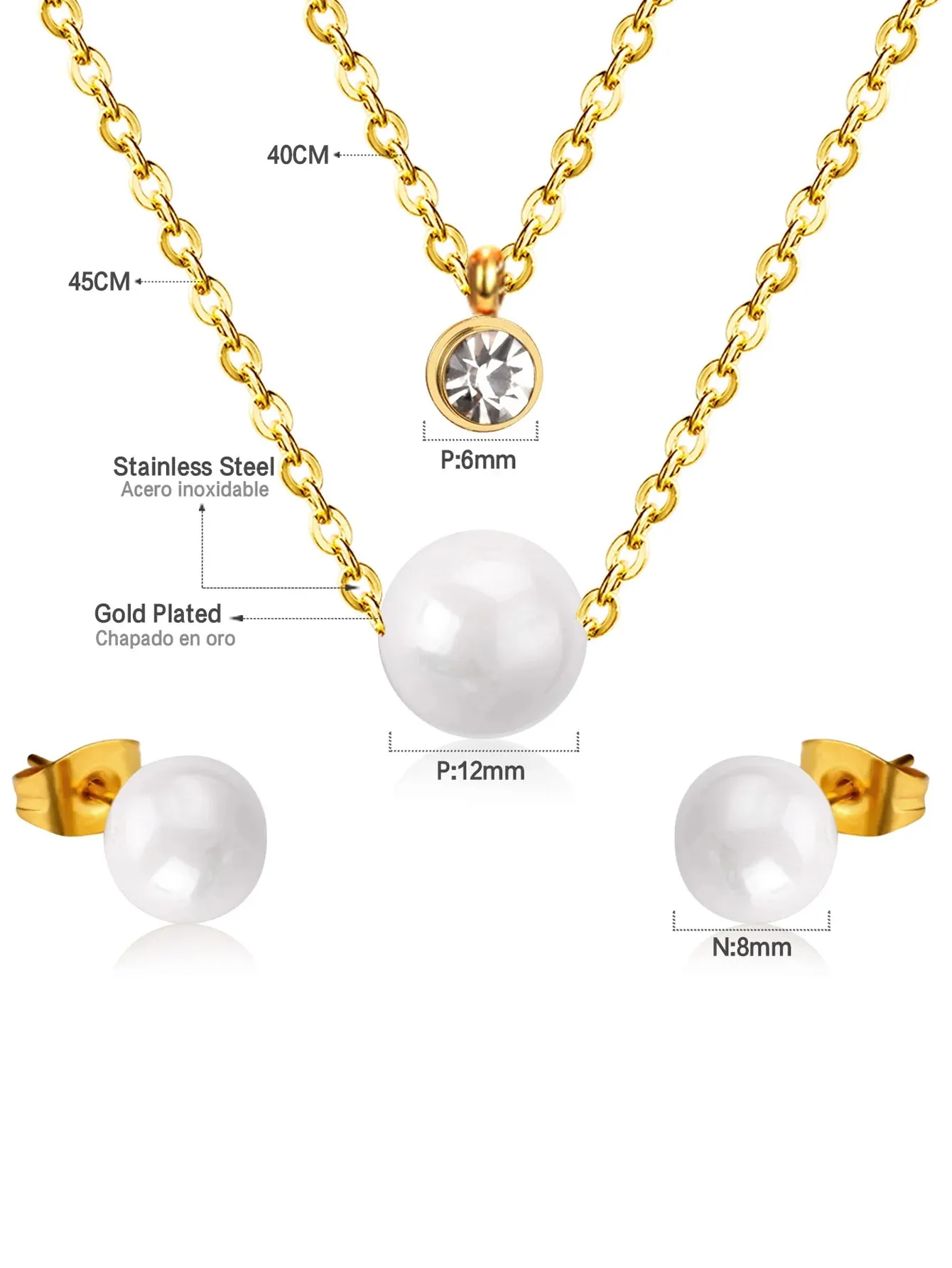 Pearl & Zircon Decor Layered Necklace And Stud Earrings Set - FD ⚡