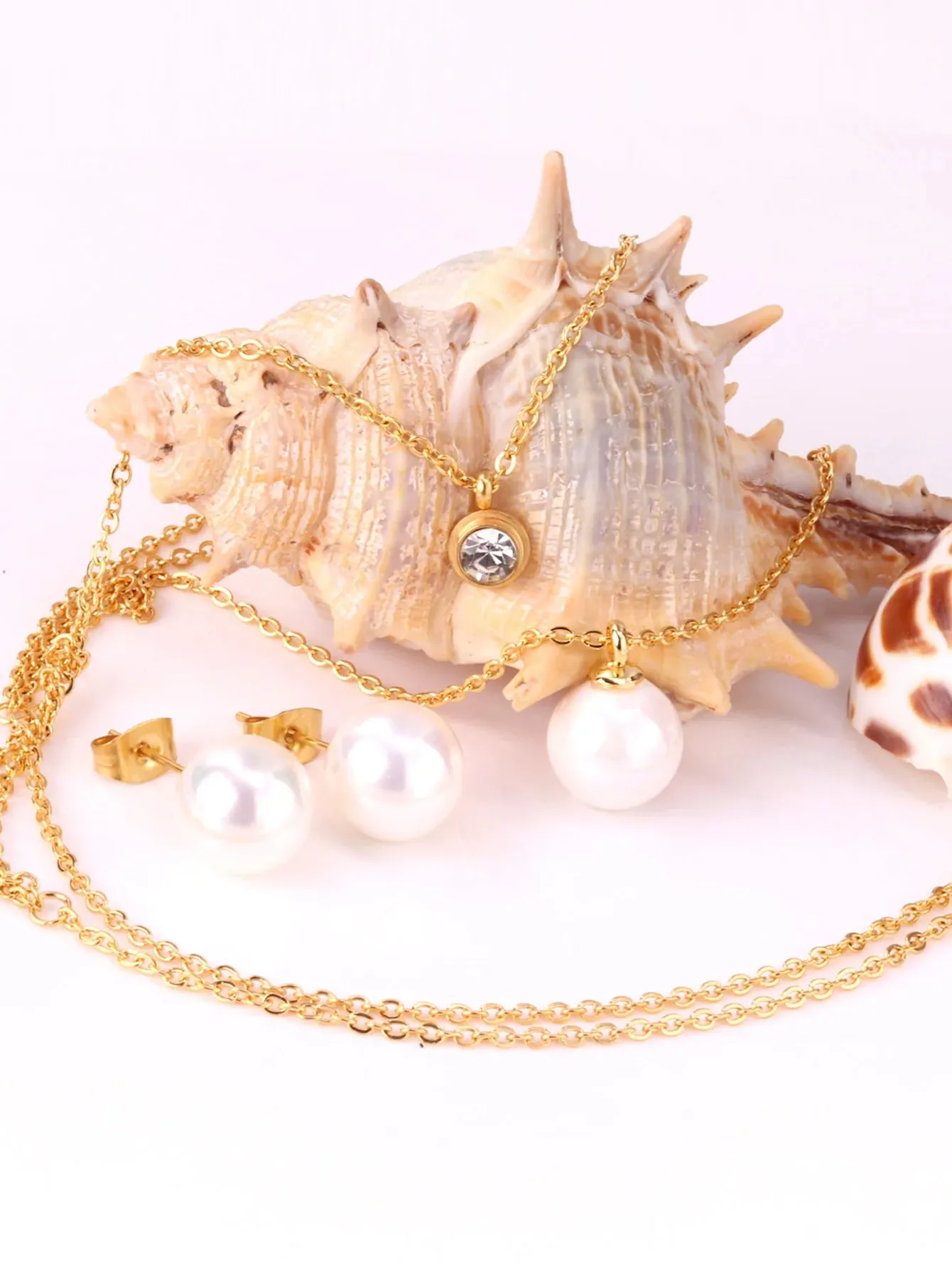 Pearl & Zircon Decor Layered Necklace And Stud Earrings Set - FD ⚡