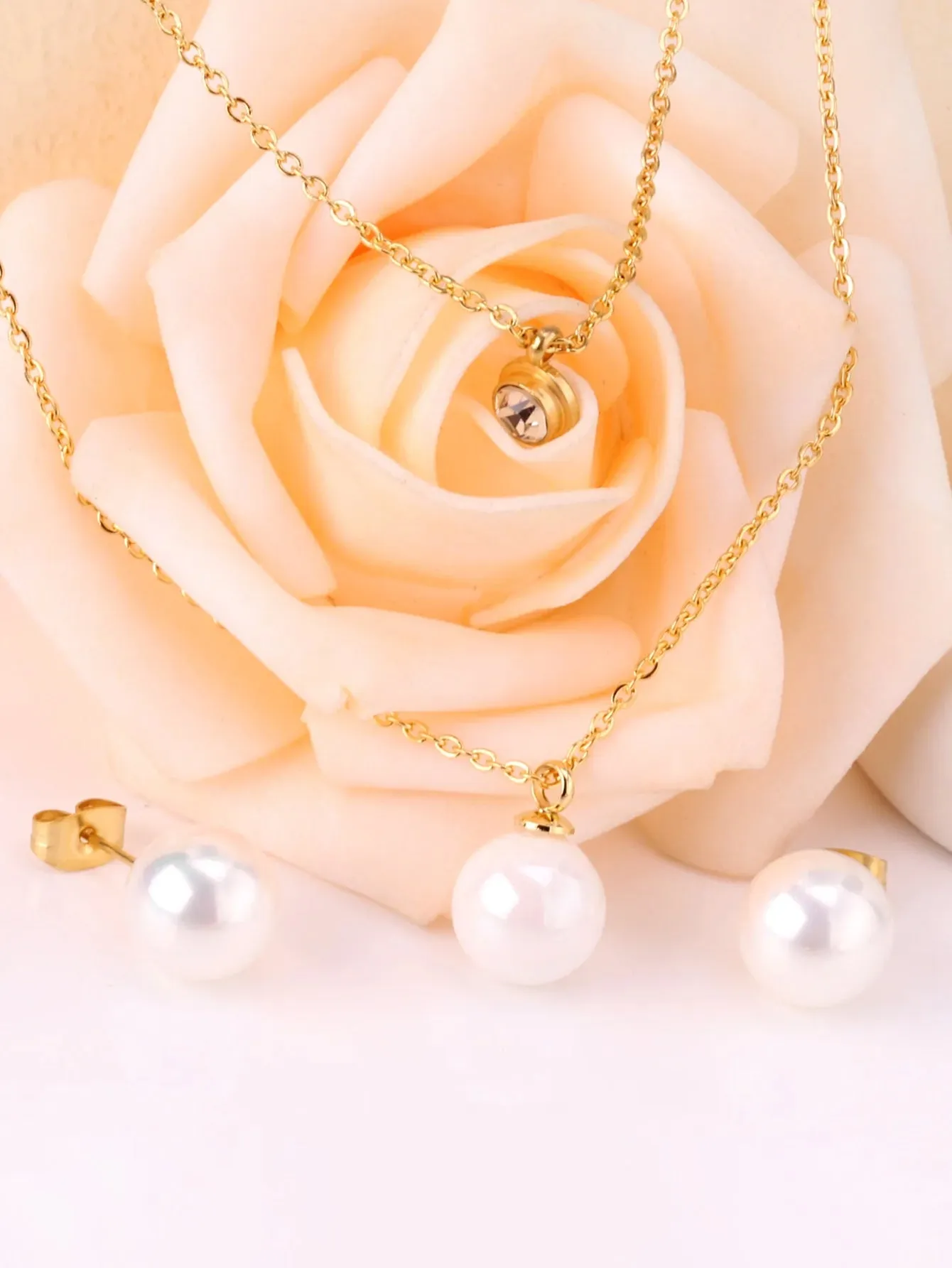 Pearl & Zircon Decor Layered Necklace And Stud Earrings Set - FD ⚡