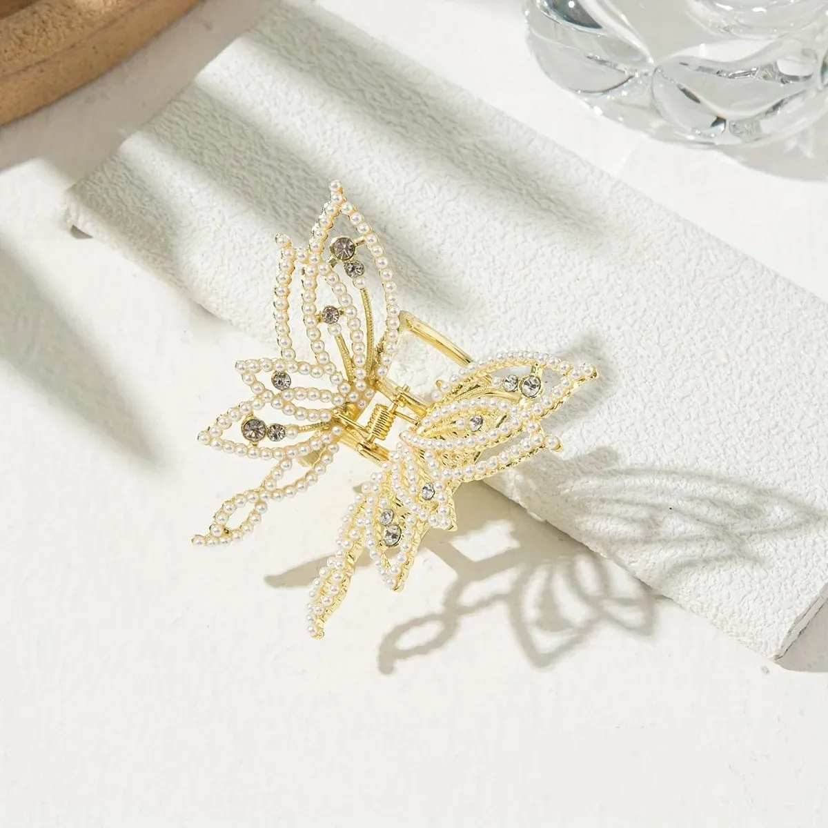 Pearl and Rhinestone butterfly hair clips
