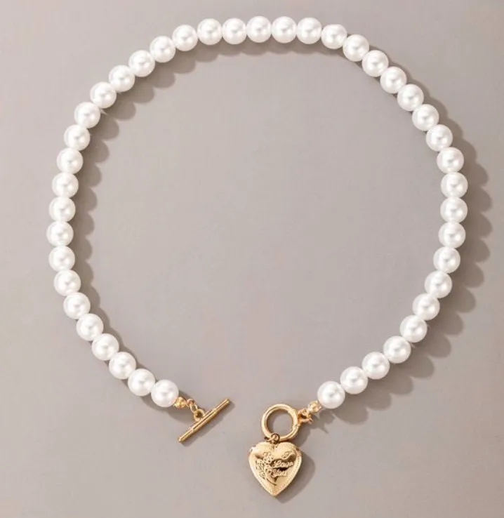 Pearl Necklace | Womens Pearl Necklace | Heart Pendant | Heart Necklace | I Love You Engraved Necklace | Gold Pearl Necklace | Heart Pendant