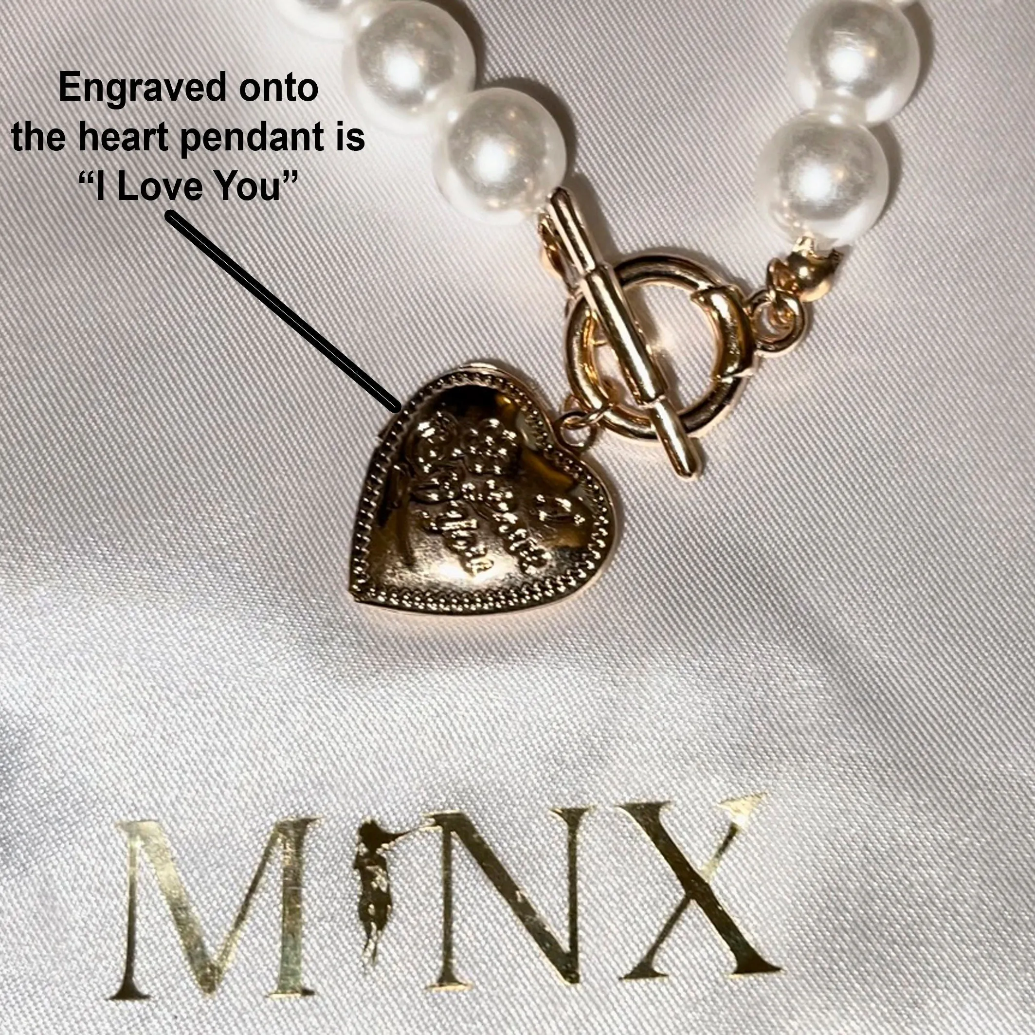 Pearl Necklace | Womens Pearl Necklace | Heart Pendant | Heart Necklace | I Love You Engraved Necklace | Gold Pearl Necklace | Heart Pendant