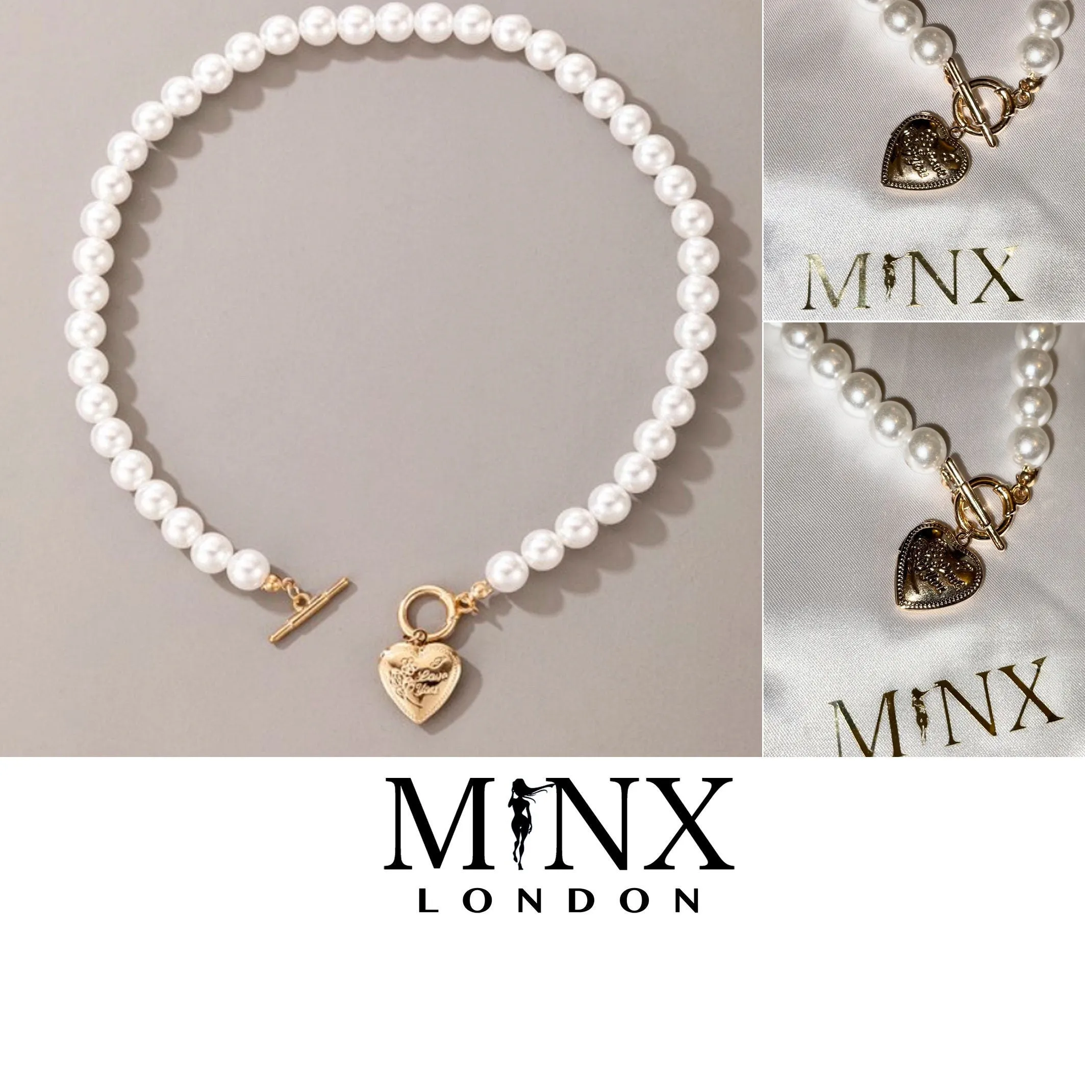 Pearl Necklace | Womens Pearl Necklace | Heart Pendant | Heart Necklace | I Love You Engraved Necklace | Gold Pearl Necklace | Heart Pendant
