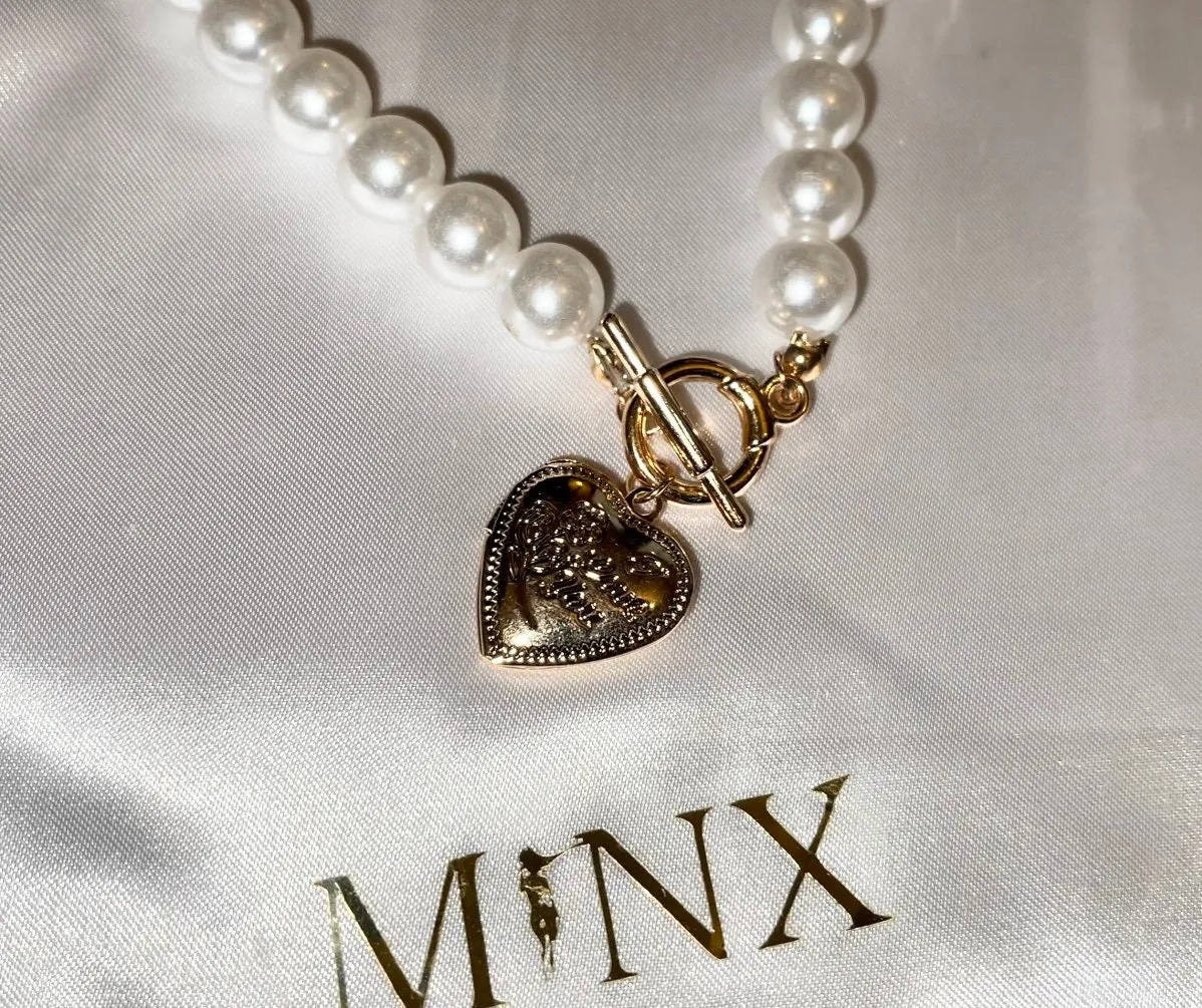 Pearl Necklace | Womens Pearl Necklace | Heart Pendant | Heart Necklace | I Love You Engraved Necklace | Gold Pearl Necklace | Heart Pendant