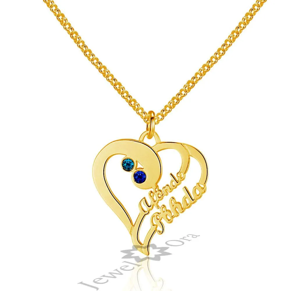 Personalized 925 Sterling Silver Double Heart Name Engraved & Custom Birthstone Pendant Necklace, Fashion Necklace for Women