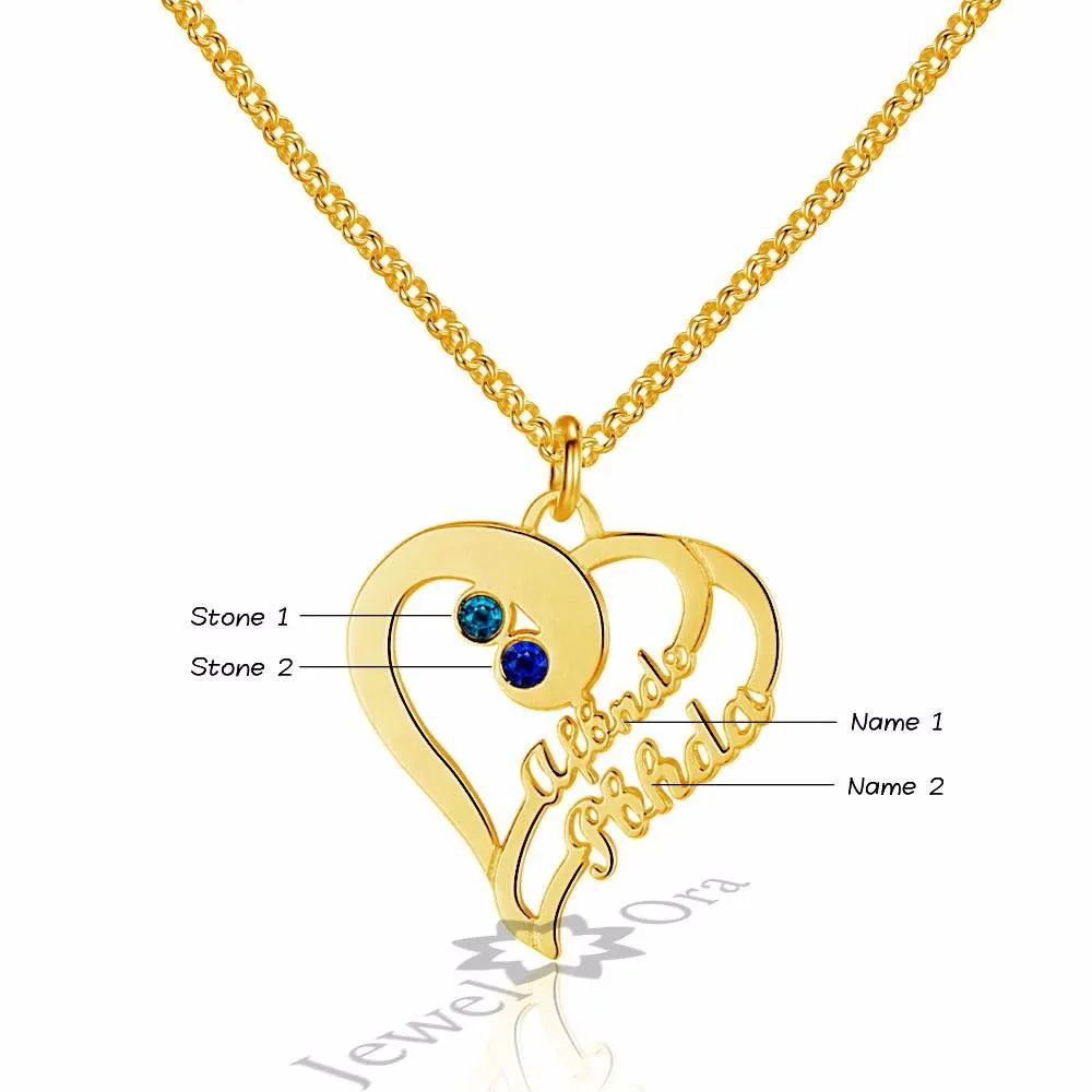 Personalized 925 Sterling Silver Double Heart Name Engraved & Custom Birthstone Pendant Necklace, Fashion Necklace for Women