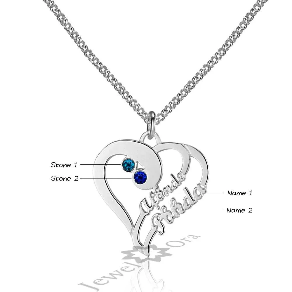 Personalized 925 Sterling Silver Double Heart Name Engraved & Custom Birthstone Pendant Necklace, Fashion Necklace for Women