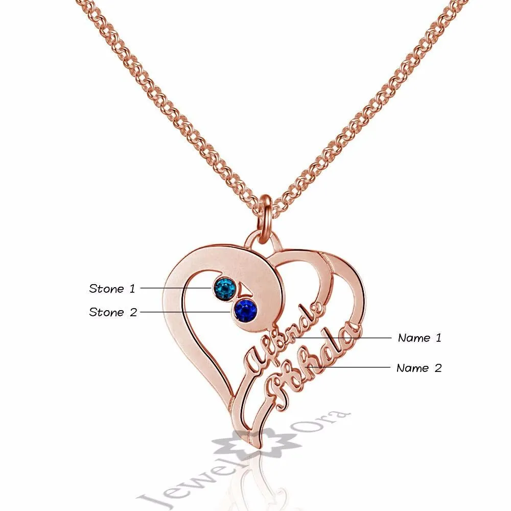 Personalized 925 Sterling Silver Double Heart Name Engraved & Custom Birthstone Pendant Necklace, Fashion Necklace for Women